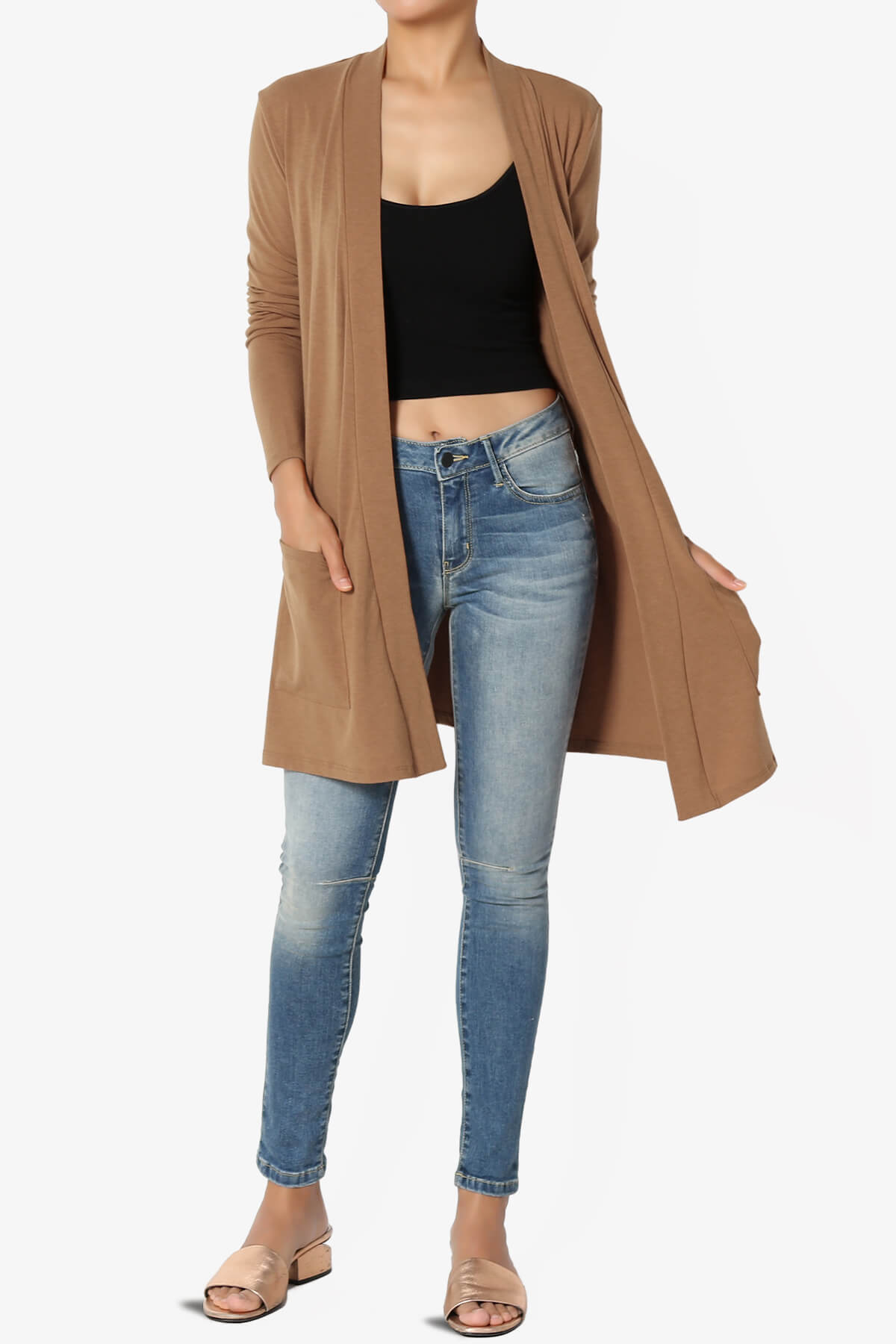 Daday Long Sleeve Pocket Open Front Cardigan DEEP CAMEL_6