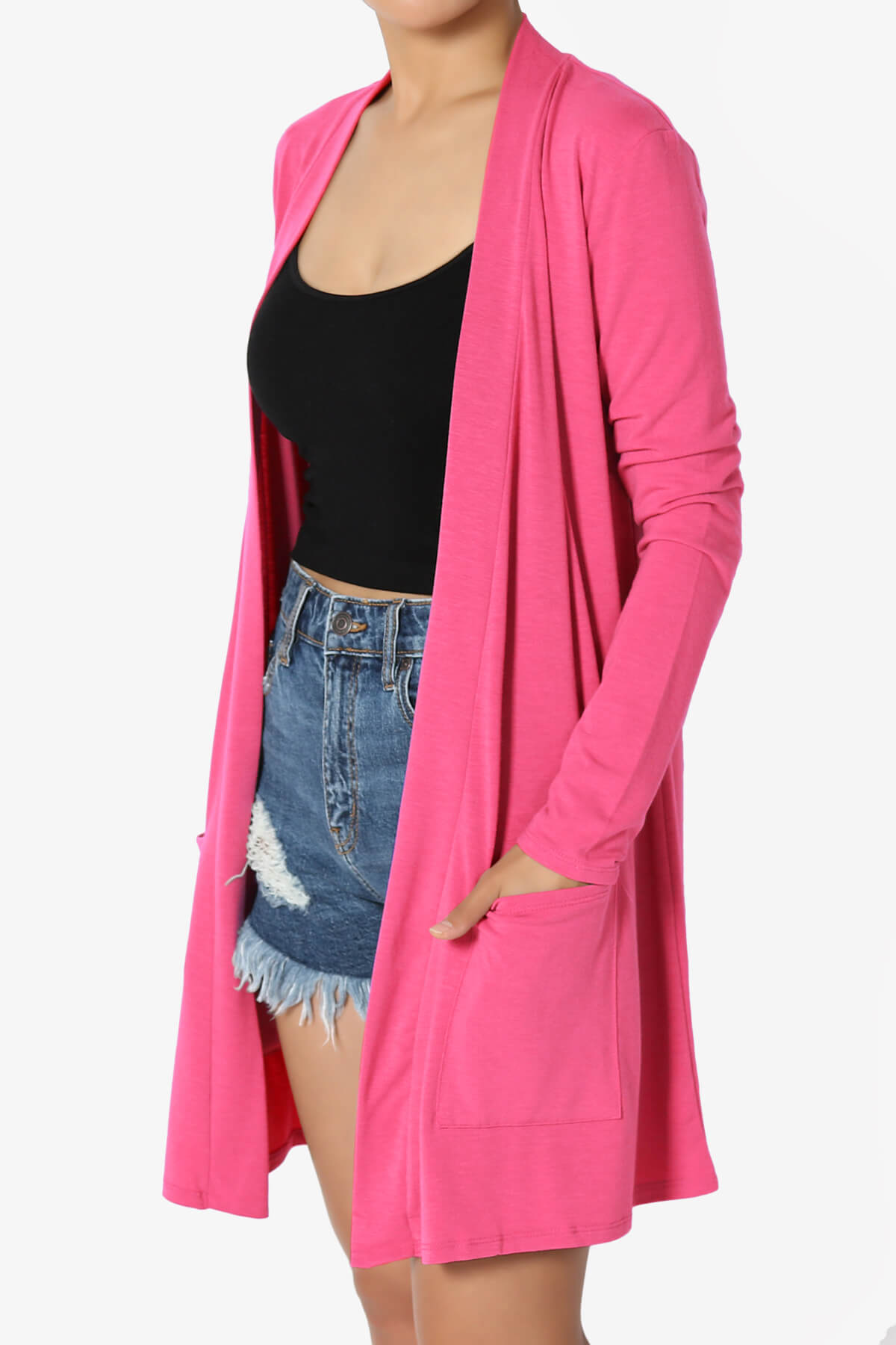 Daday Long Sleeve Pocket Open Front Cardigan FUCHSIA_3