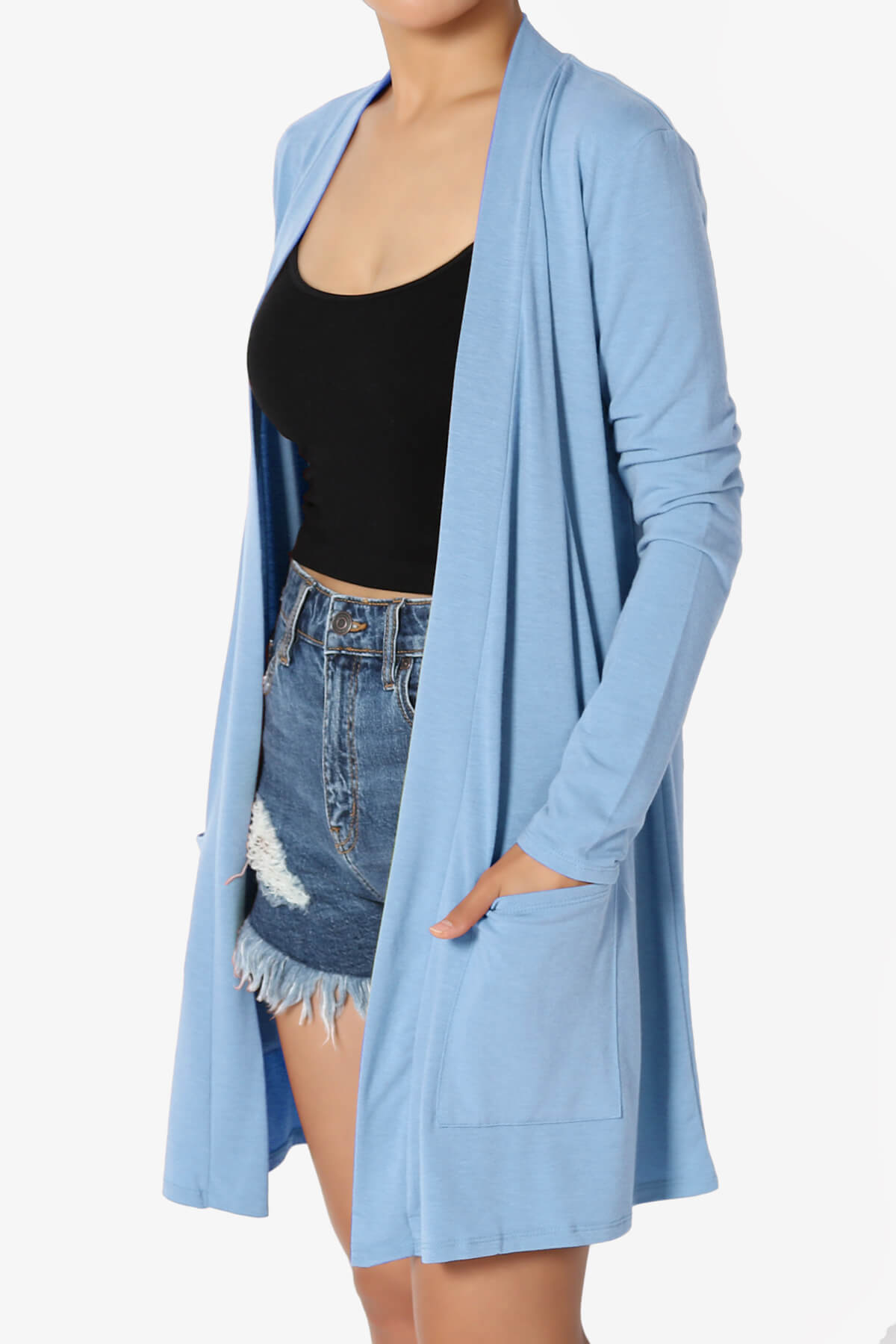 Daday Long Sleeve Pocket Open Front Cardigan LIGHT BLUE_3