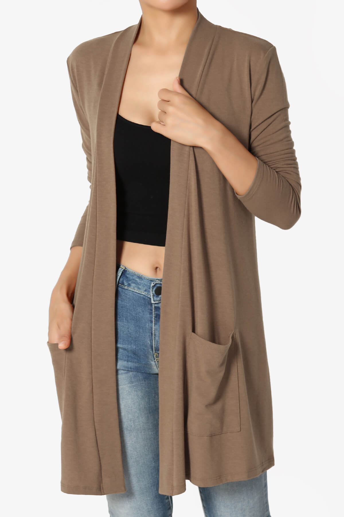 Daday Long Sleeve Pocket Open Front Cardigan MOCHA_1