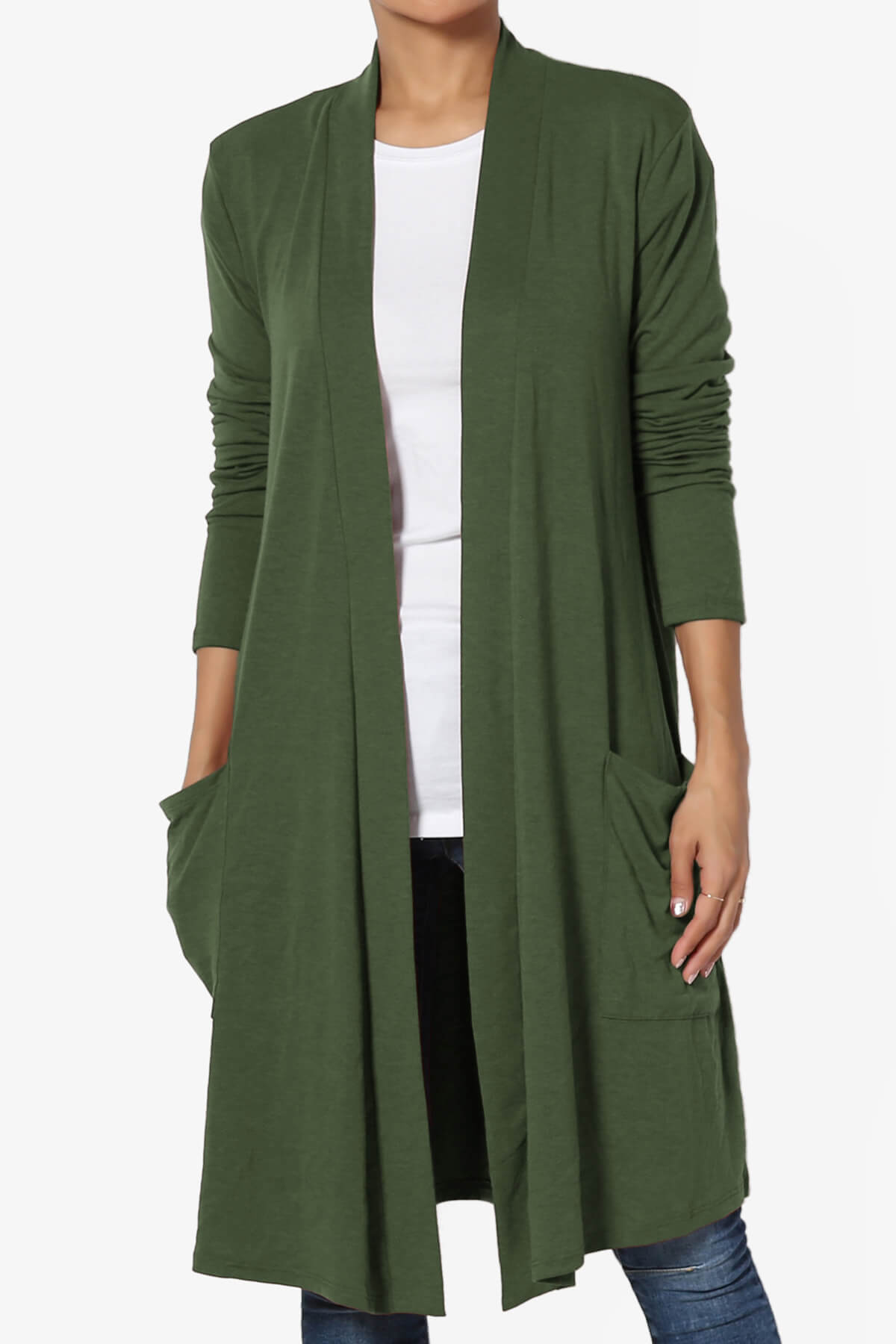 Daday Pocket Jersey Knee Length Cardigan ARMY GREEN_1