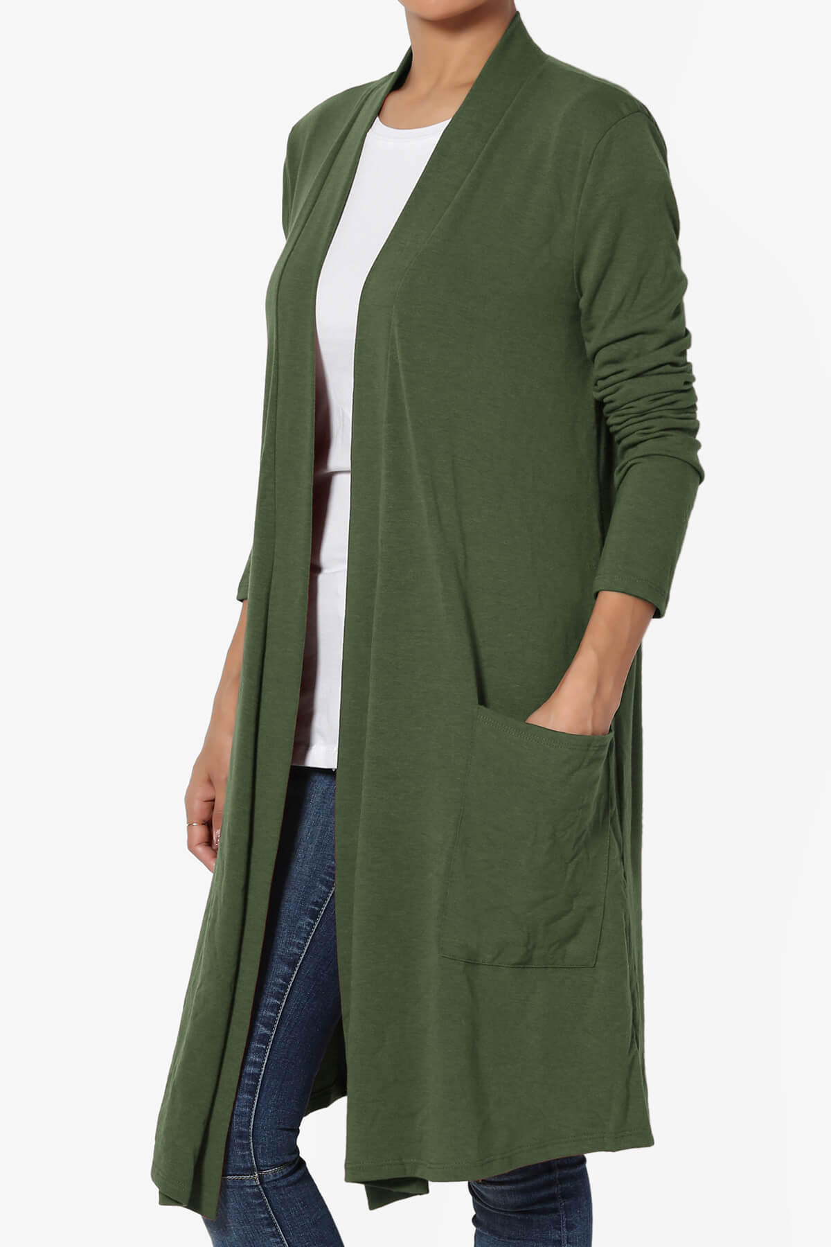 Daday Pocket Jersey Knee Length Cardigan ARMY GREEN_3