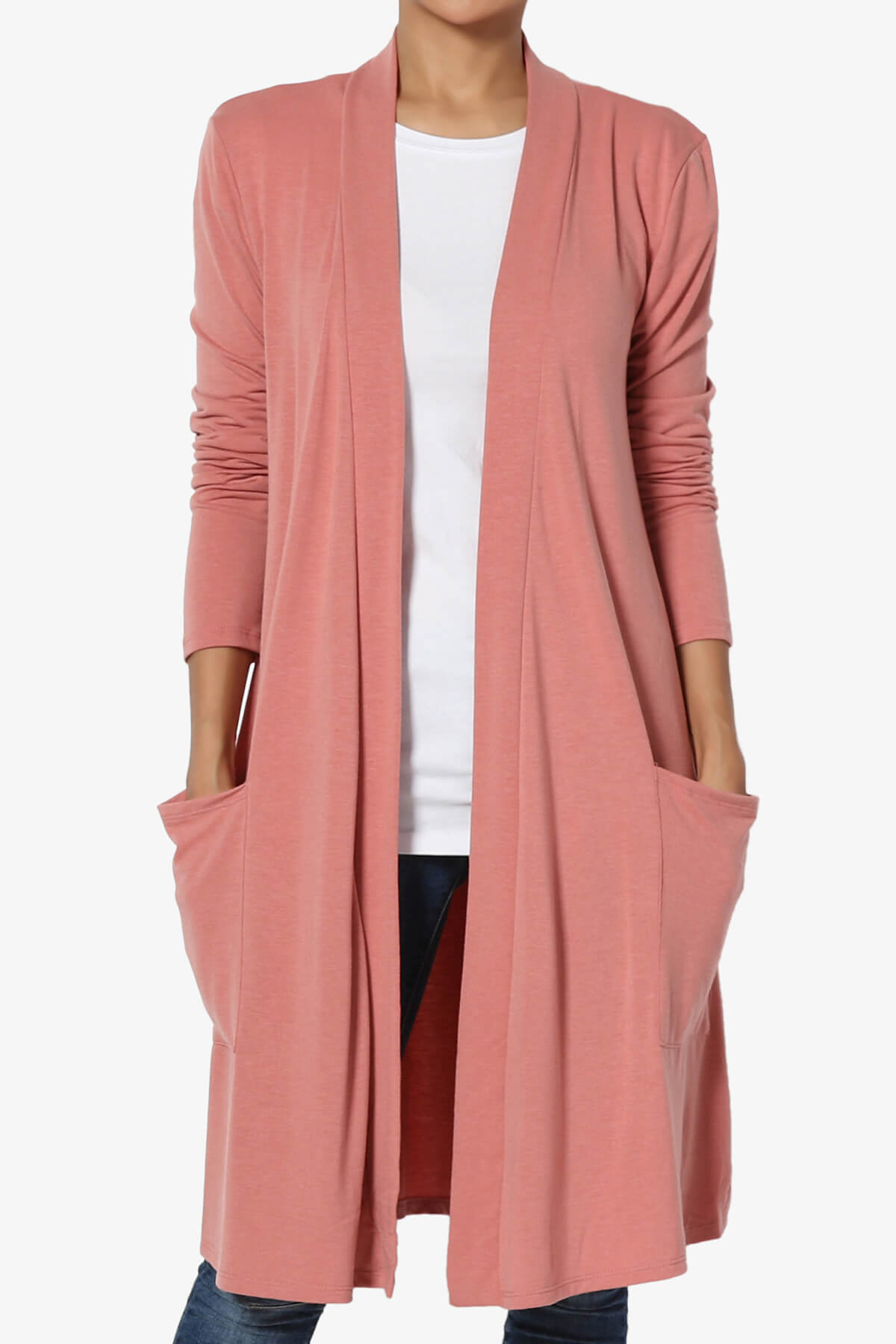 Daday Pocket Jersey Knee Length Cardigan ASH ROSE_1
