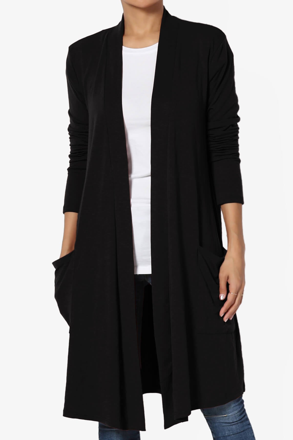 Daday Pocket Jersey Knee Length Cardigan BLACK_1