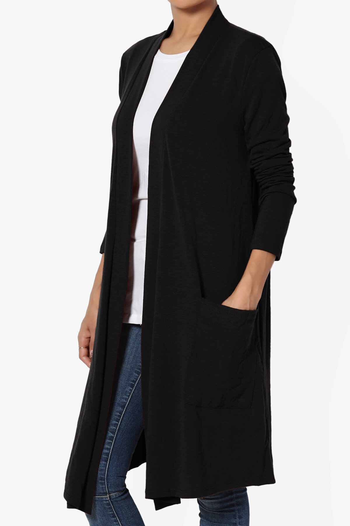Daday Pocket Jersey Knee Length Cardigan BLACK_3