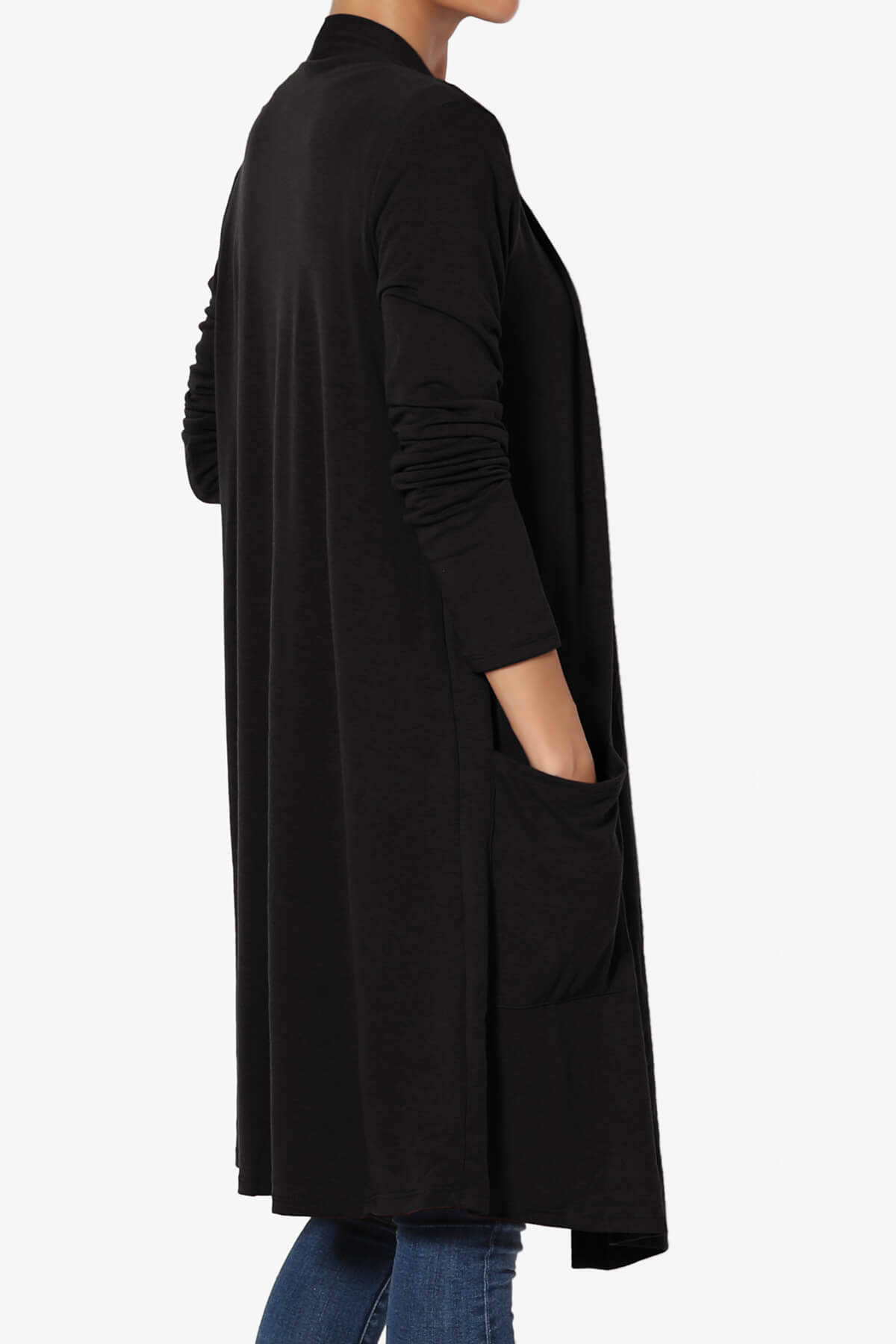 Daday Pocket Jersey Knee Length Cardigan BLACK_4