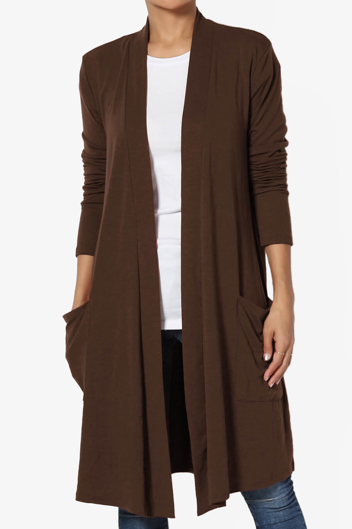 Daday Pocket Jersey Knee Length Cardigan BROWN_1
