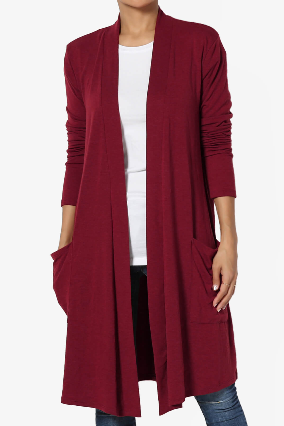 Daday Pocket Jersey Knee Length Cardigan BURGUNDY_1