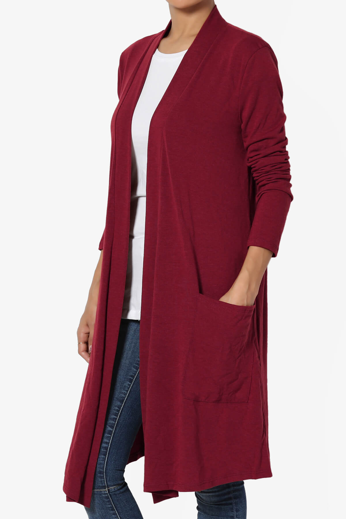 Daday Pocket Jersey Knee Length Cardigan BURGUNDY_3