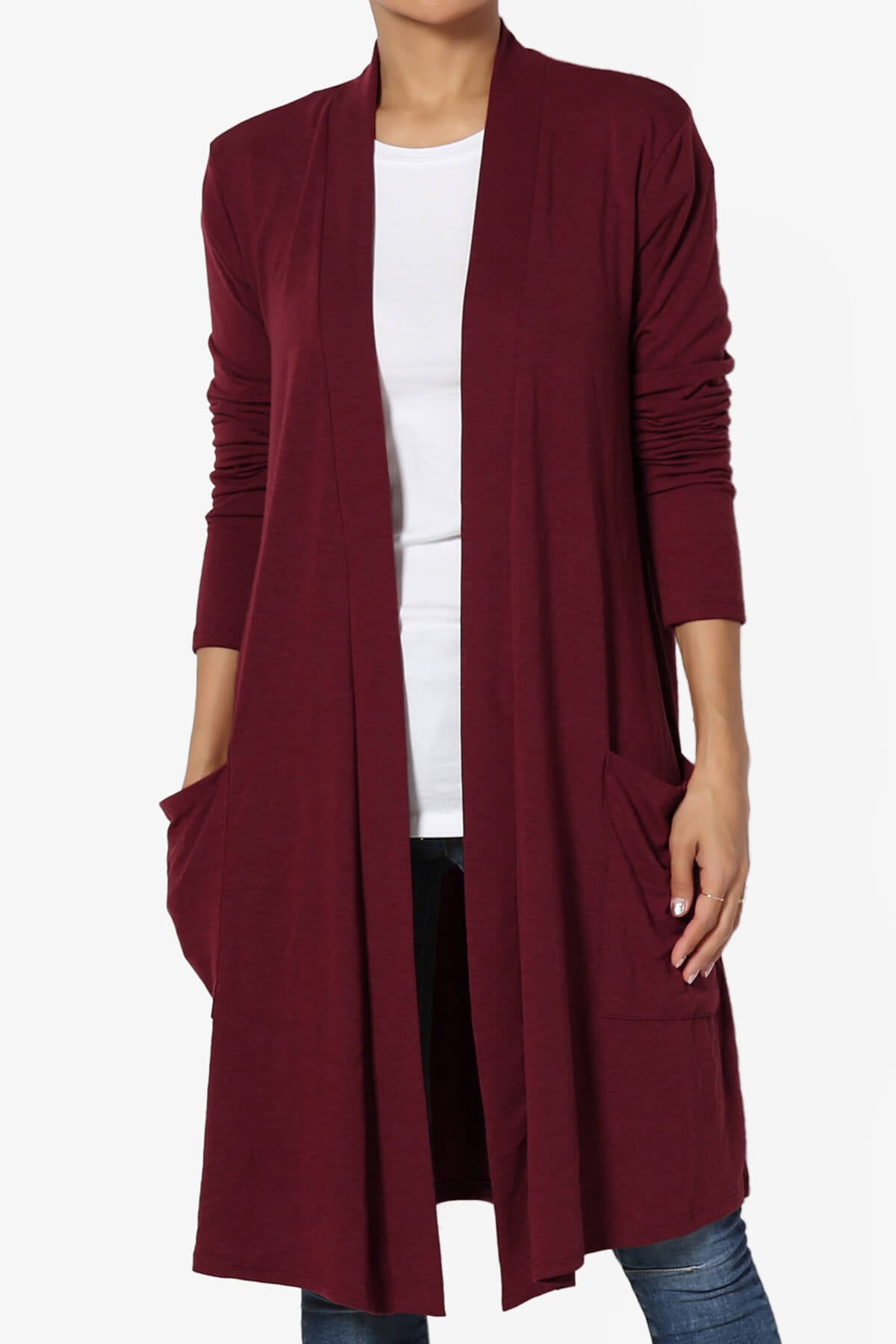 Daday Pocket Jersey Knee Length Cardigan DARK BURGUNDY_1