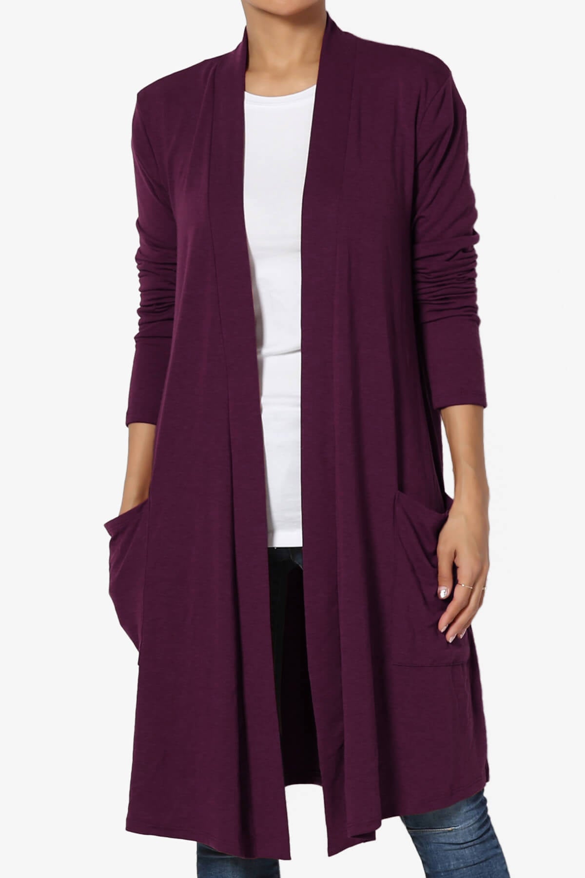 Daday Pocket Jersey Knee Length Cardigan DARK PLUM_1
