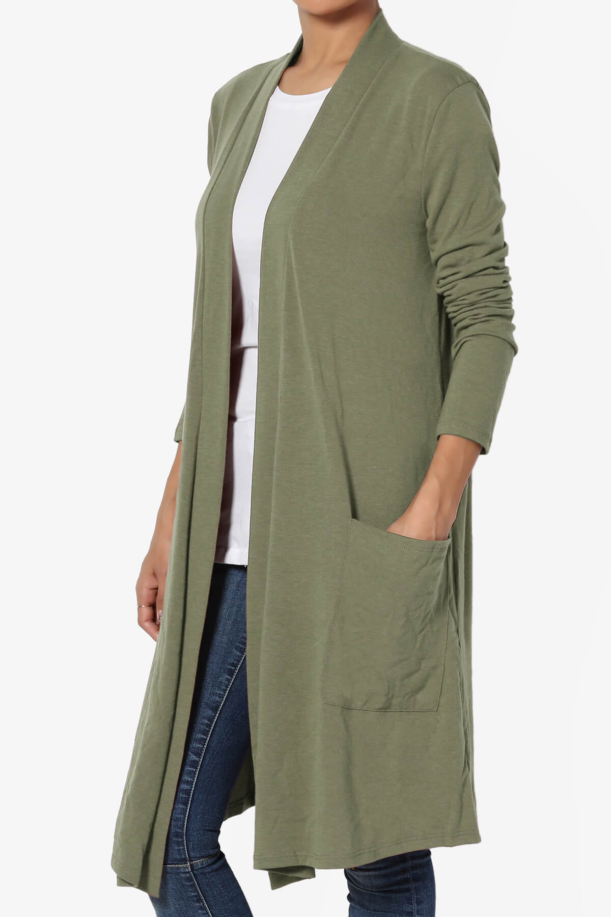 Daday Pocket Jersey Knee Length Cardigan DUSTY OLIVE_3