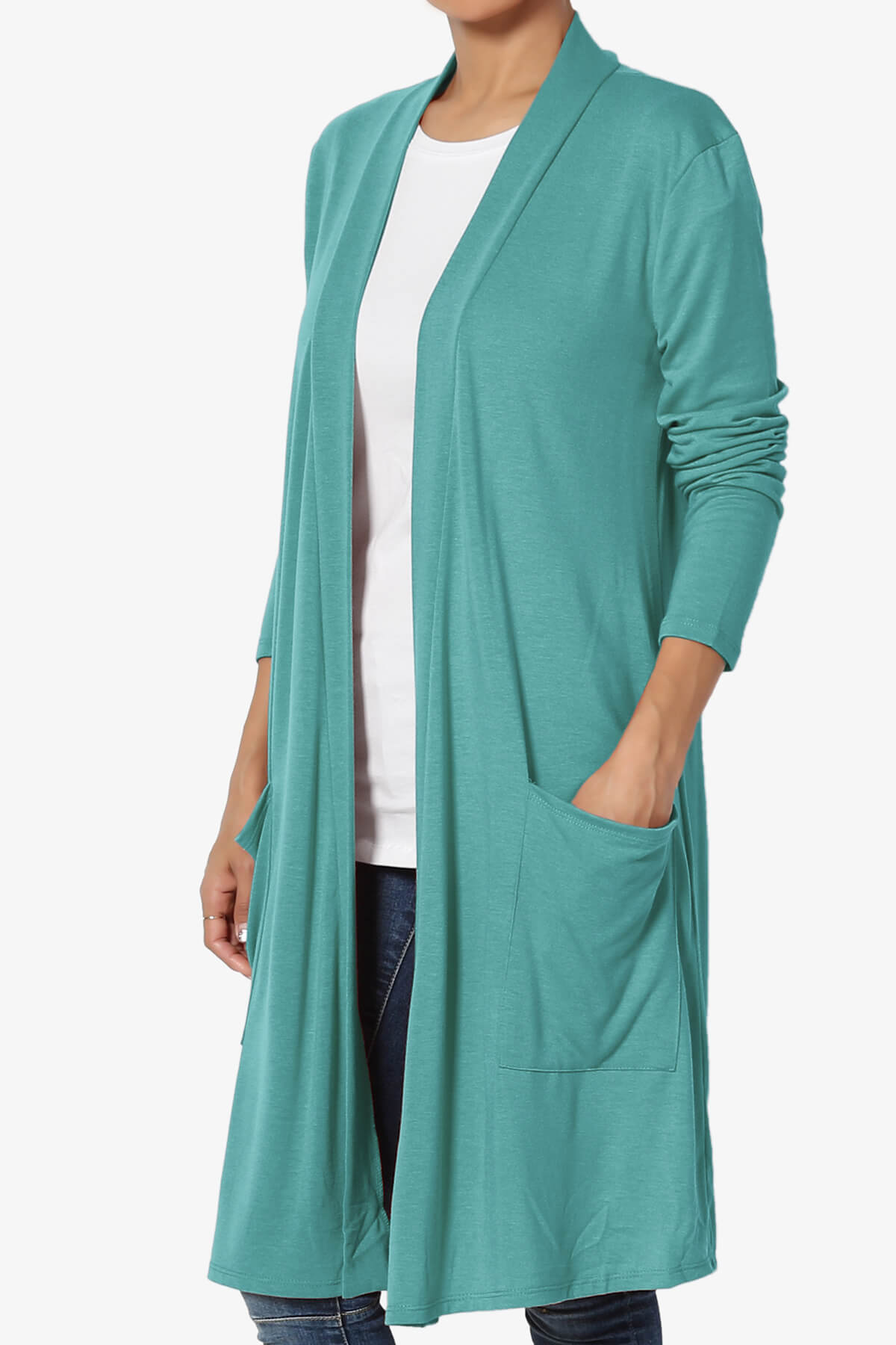 Daday Pocket Jersey Knee Length Cardigan DUSTY TEAL_3
