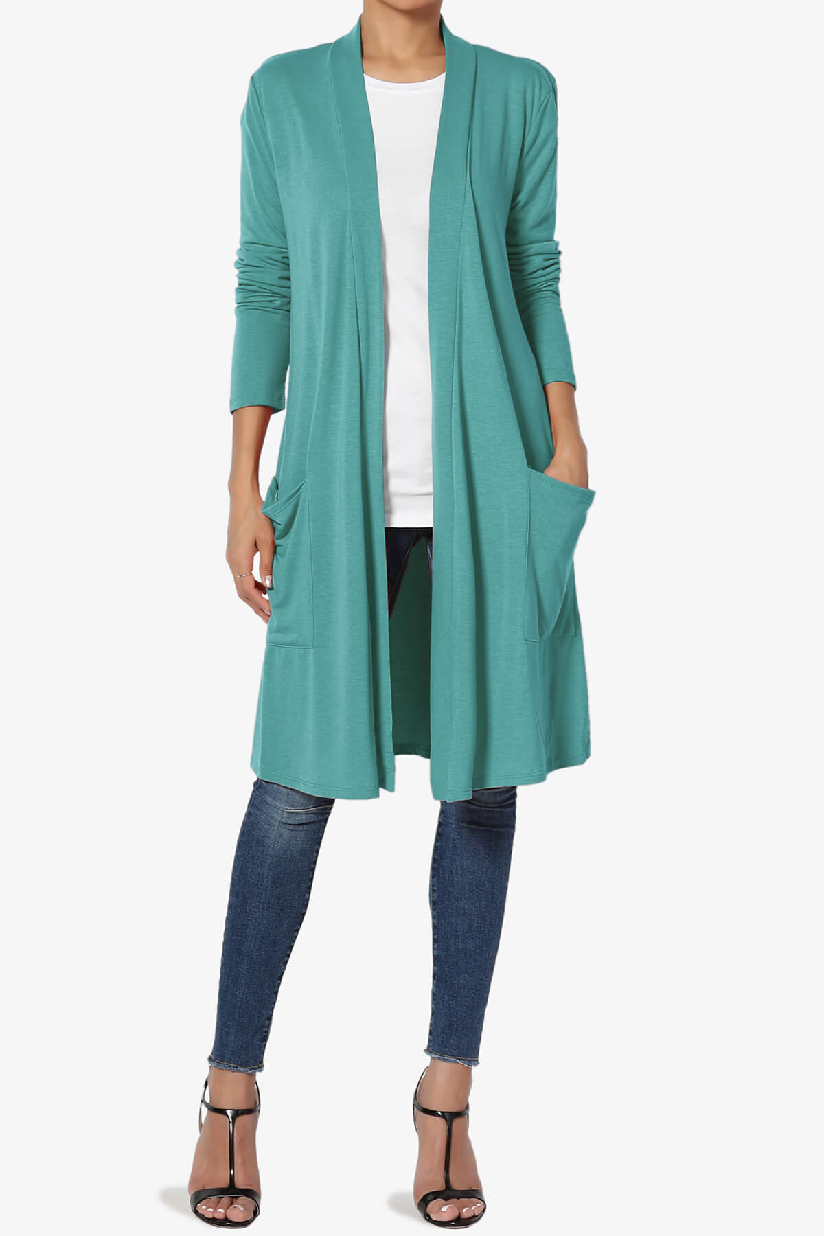 Daday Pocket Jersey Knee Length Cardigan DUSTY TEAL_6