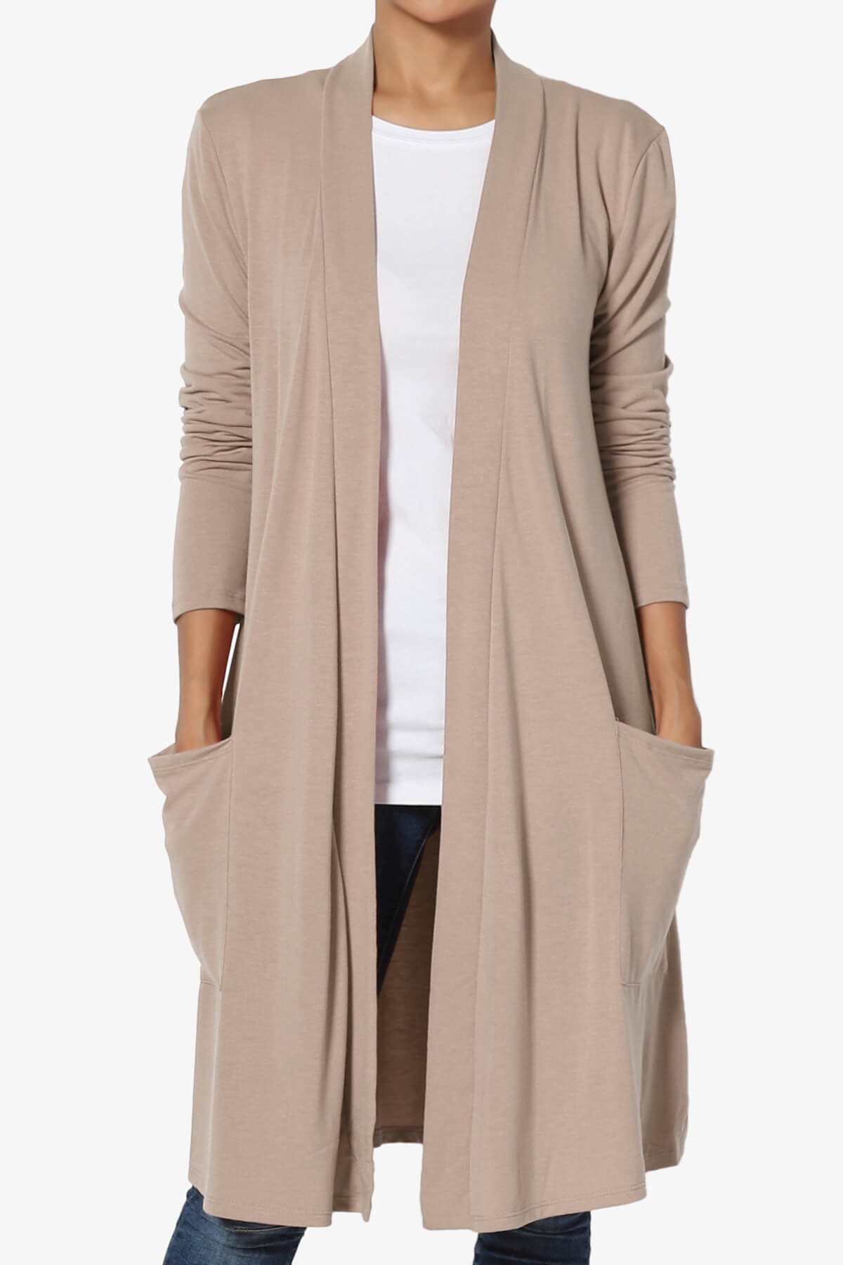 Daday Pocket Jersey Knee Length Cardigan LIGHT MOCHA_1