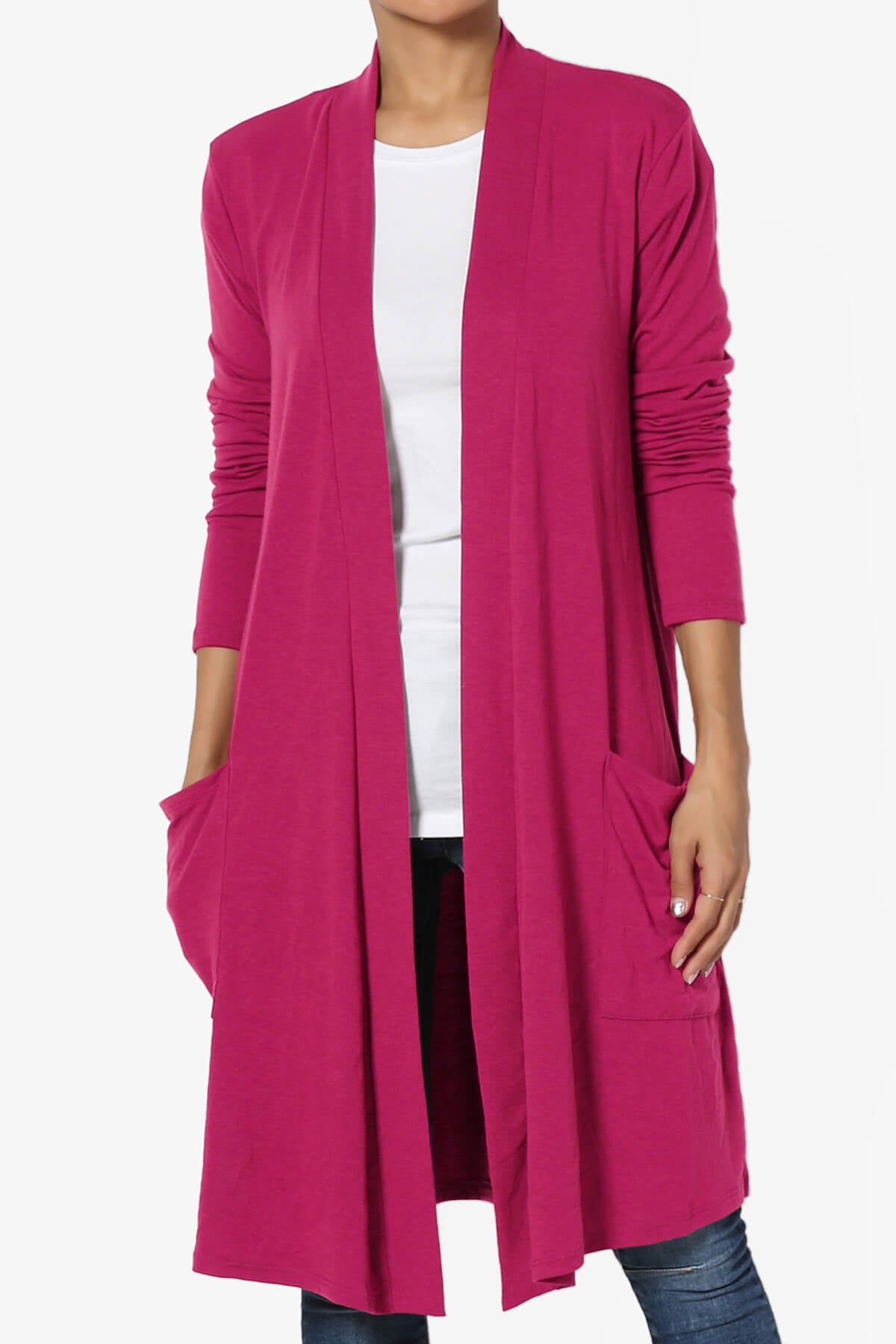 Daday Pocket Jersey Knee Length Cardigan MAGENTA_1