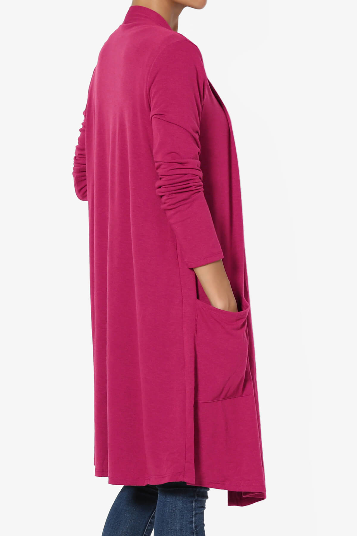 Daday Pocket Jersey Knee Length Cardigan MAGENTA_4