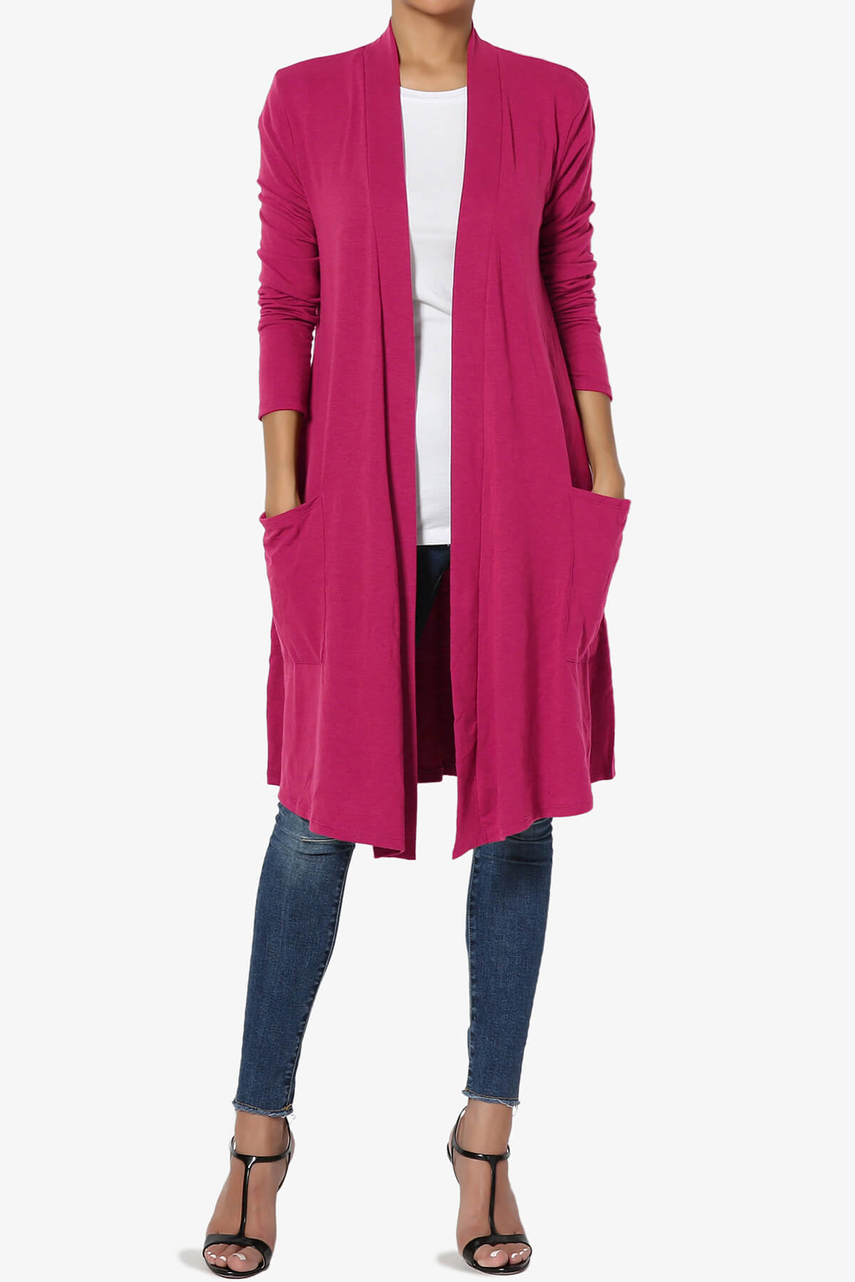 Daday Pocket Jersey Knee Length Cardigan MAGENTA_6