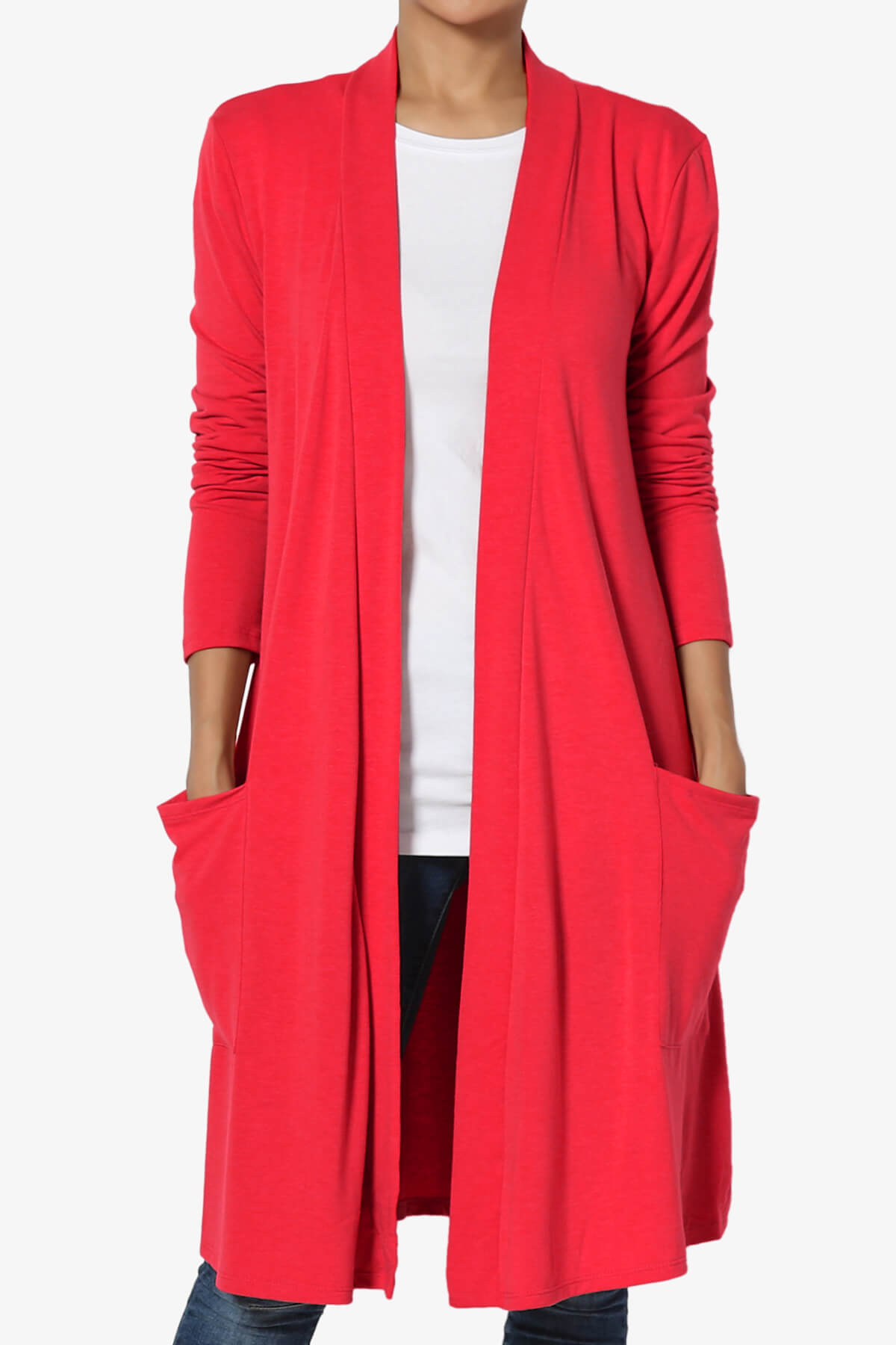 Daday Pocket Jersey Knee Length Cardigan RED_1