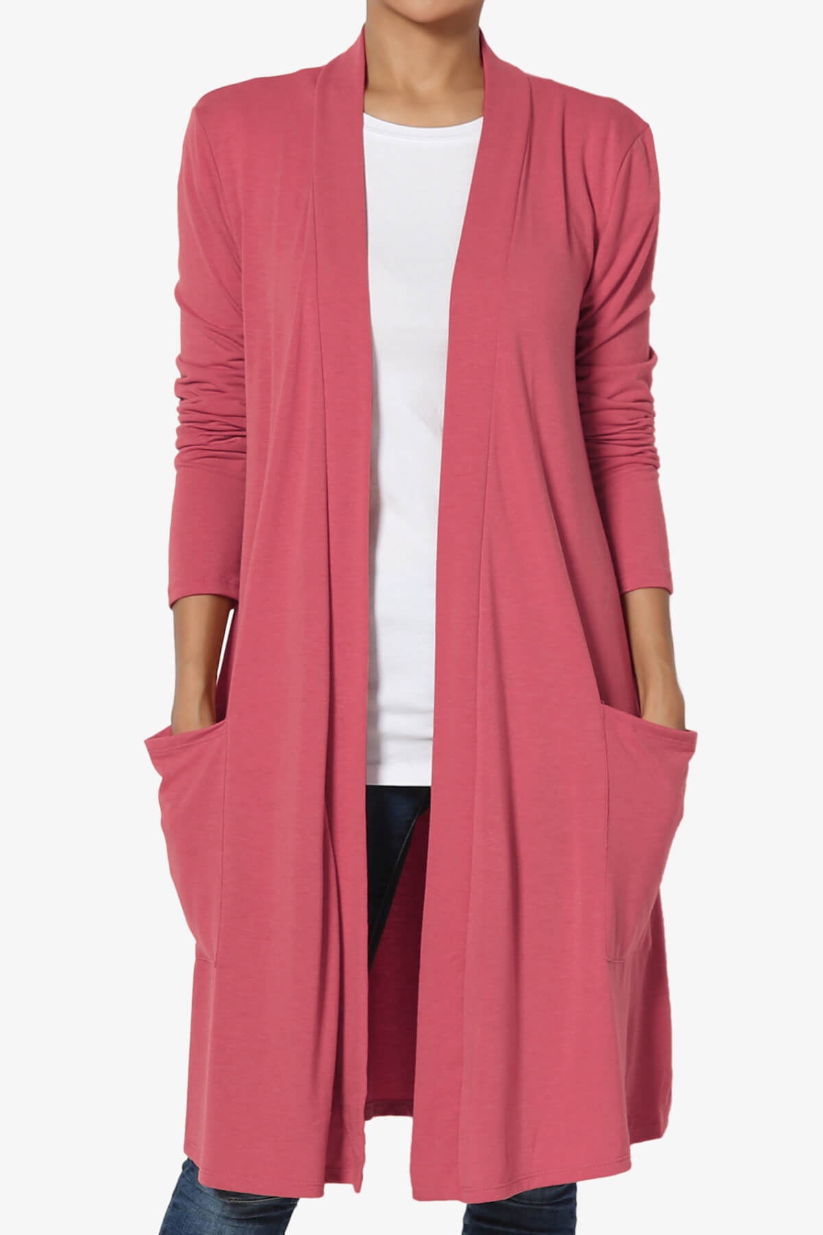 Daday Pocket Jersey Knee Length Cardigan ROSE_1
