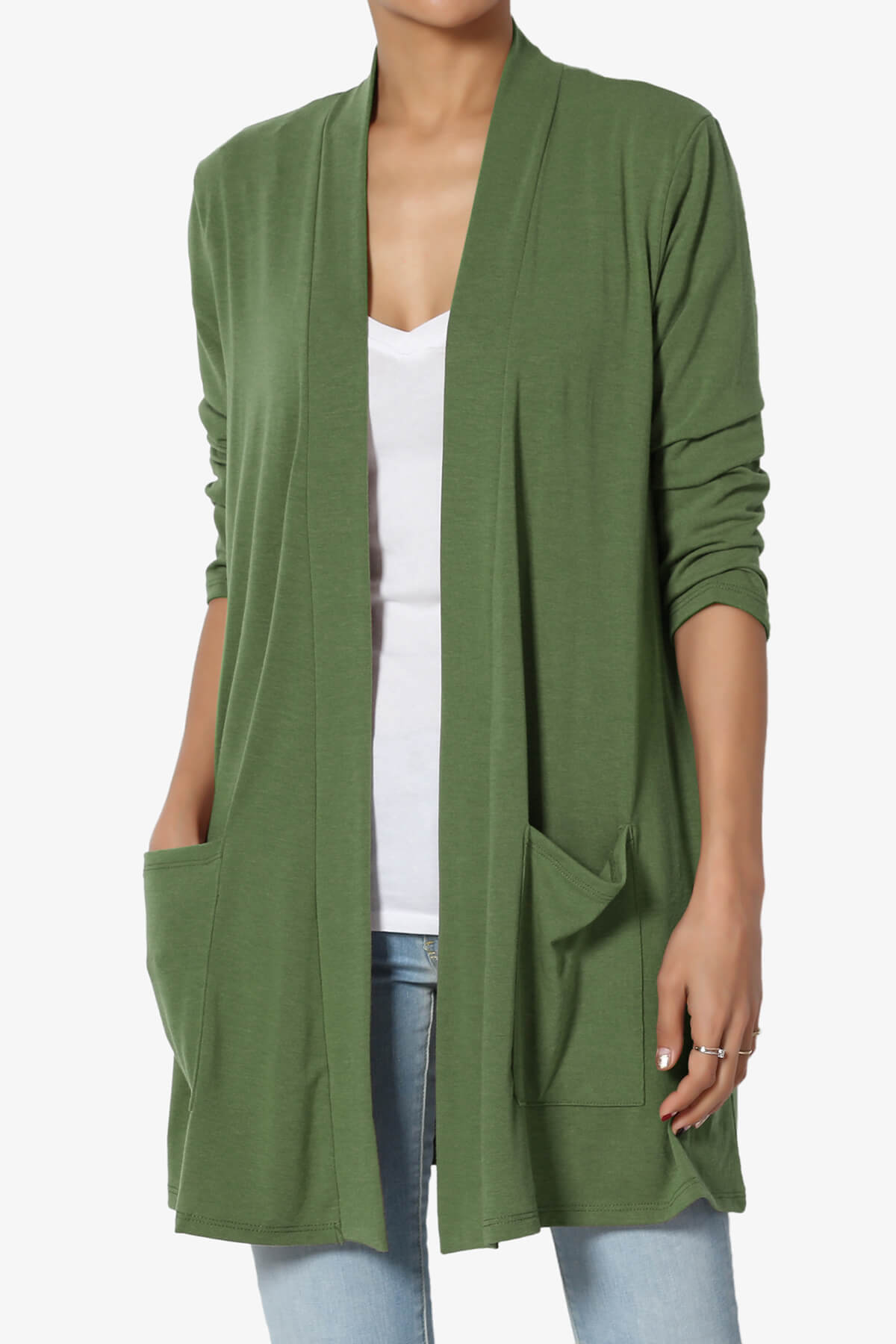 Daday Slouchy Pocket 3/4 Sleeve Cardigan ASH OLIVE_1
