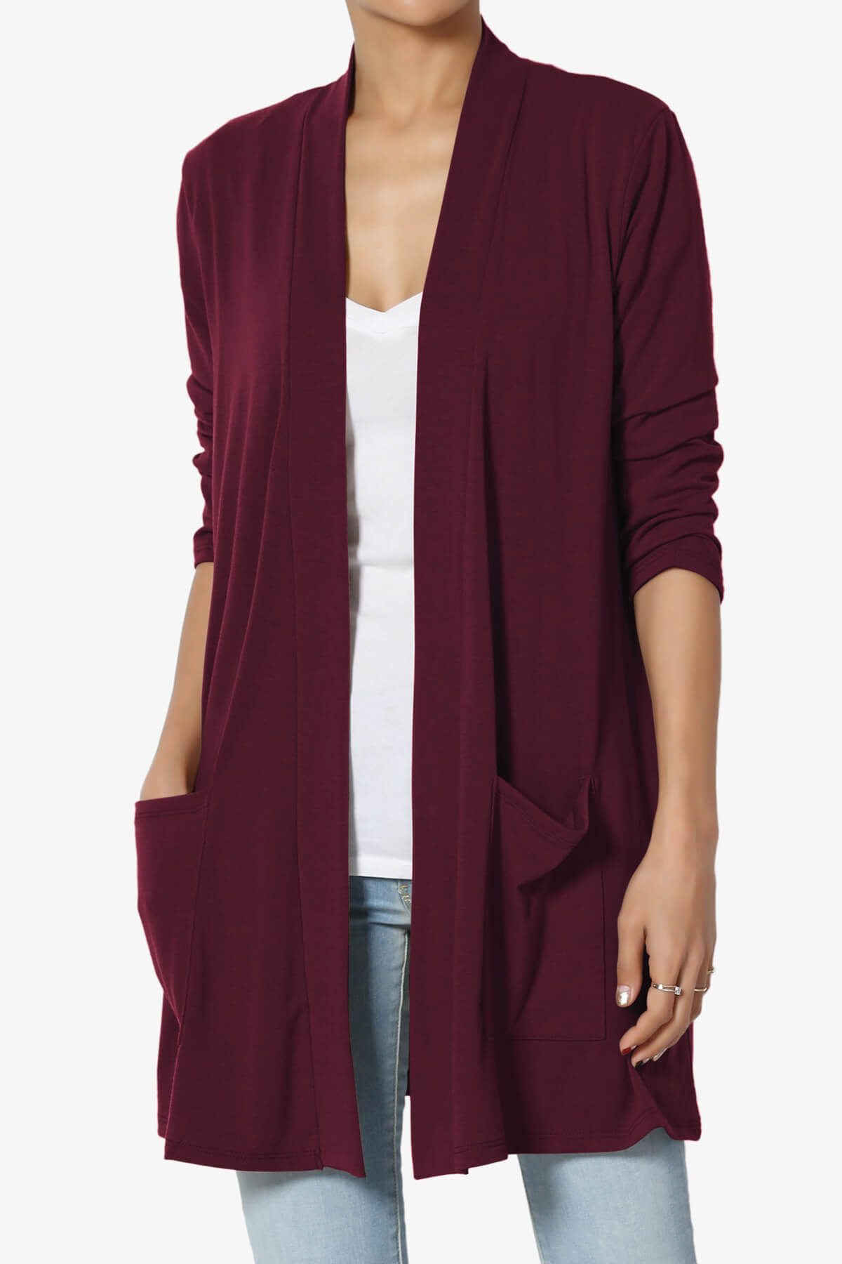 Daday Slouchy Pocket 3/4 Sleeve Cardigan DARK BURGUNDY_1