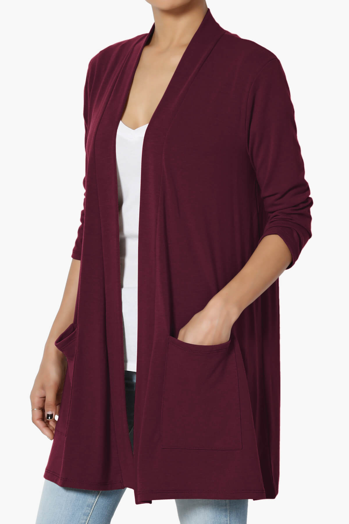 Daday Slouchy Pocket 3/4 Sleeve Cardigan DARK BURGUNDY_3