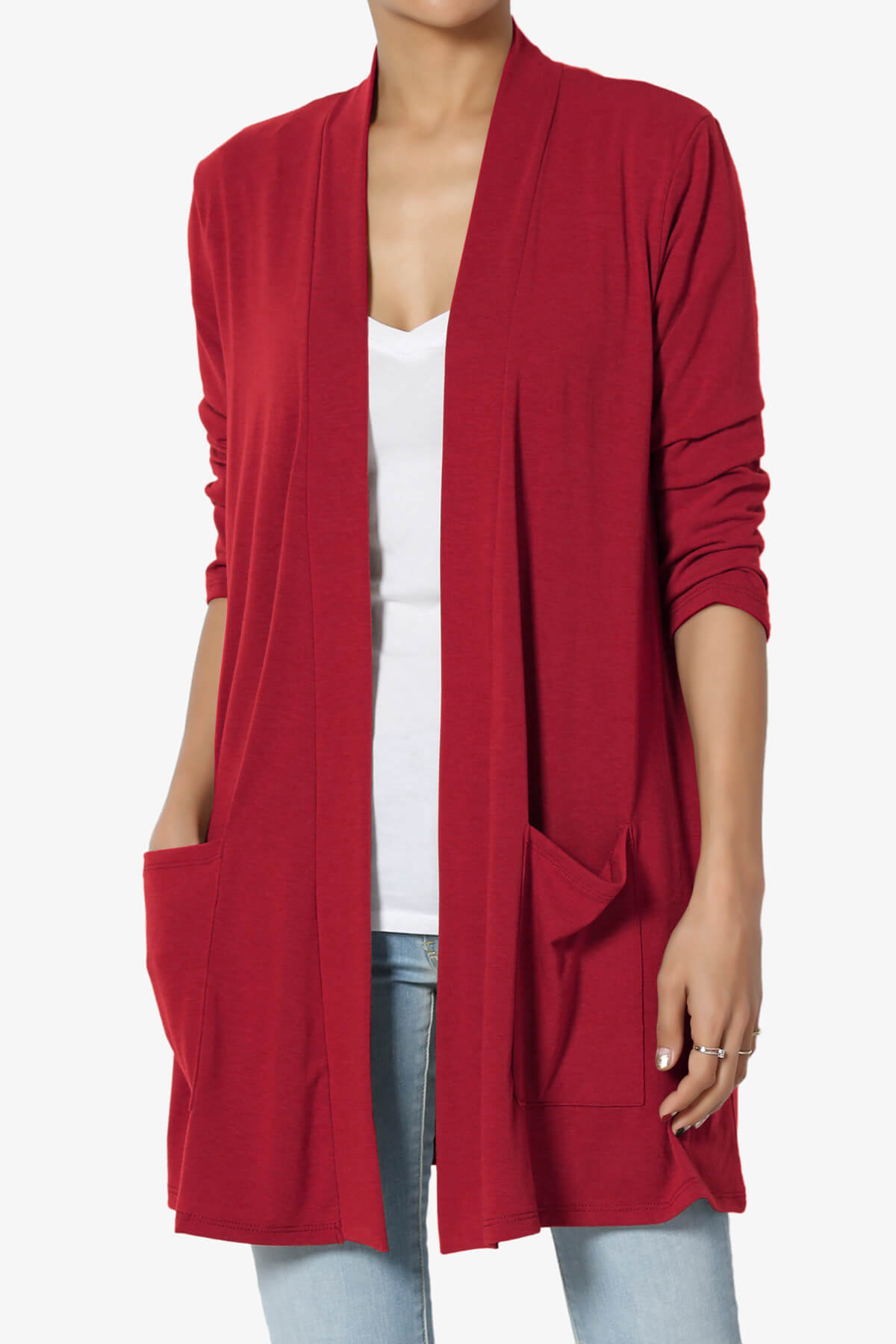 Daday Slouchy Pocket 3/4 Sleeve Cardigan DARK RED_1