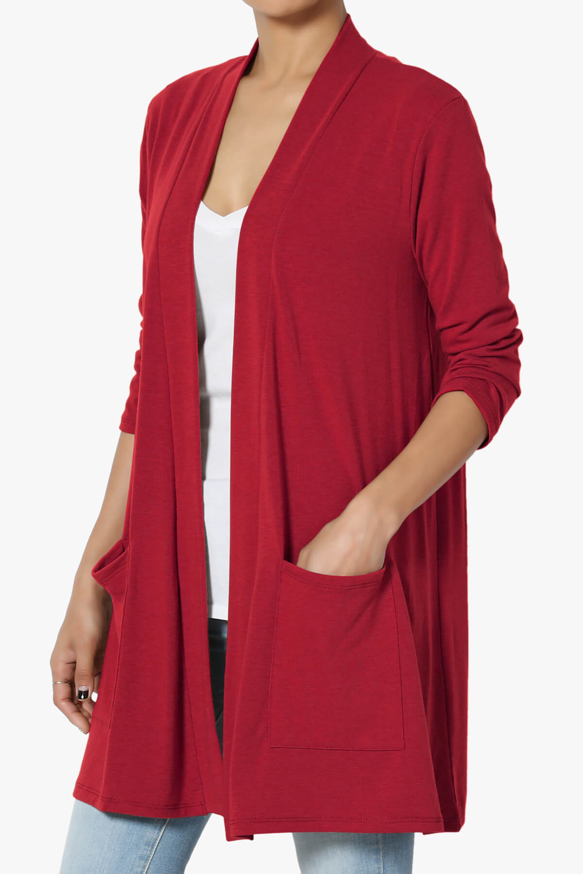 Daday Slouchy Pocket 3/4 Sleeve Cardigan DARK RED_3