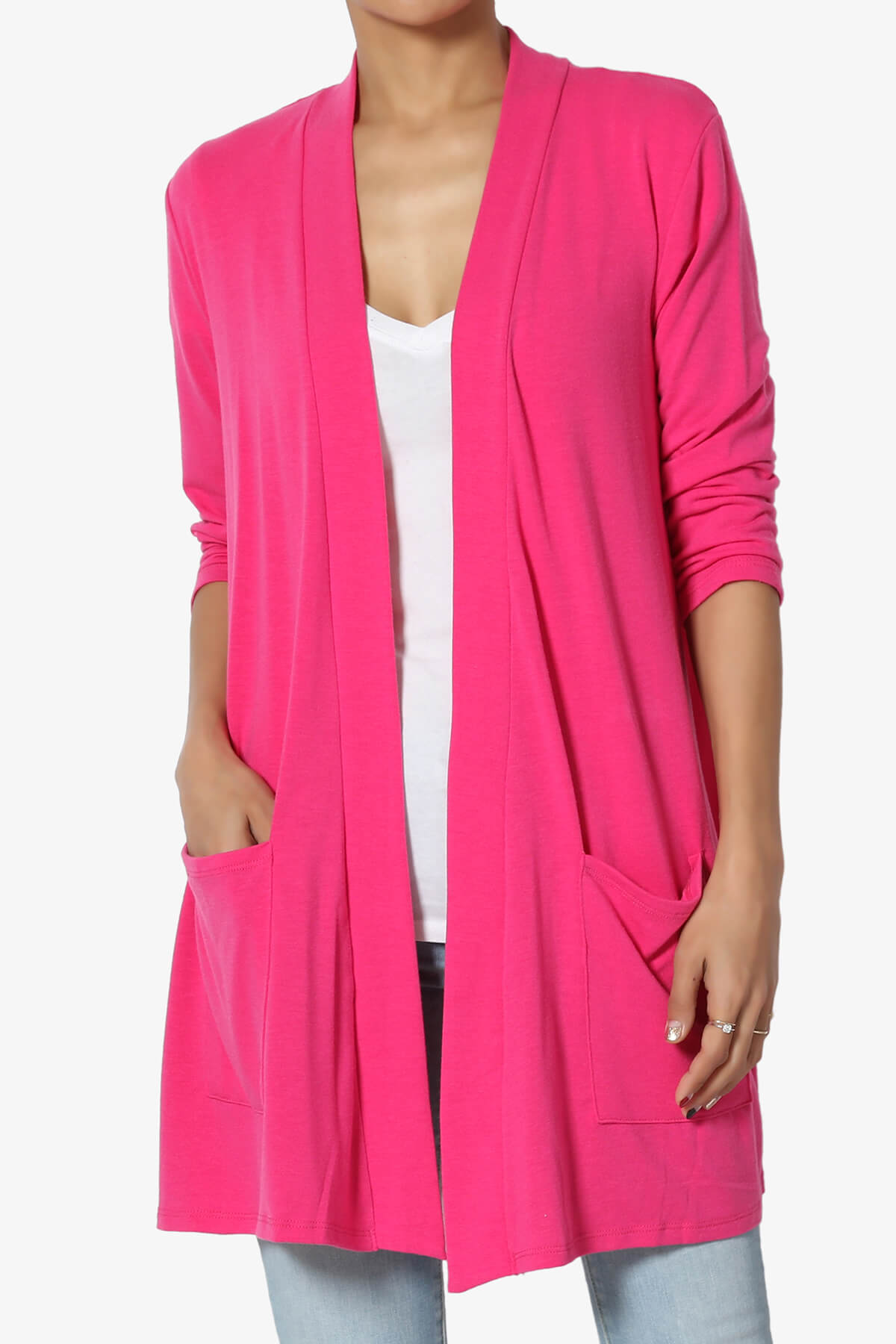 Daday Slouchy Pocket 3/4 Sleeve Cardigan HOT PINK_1