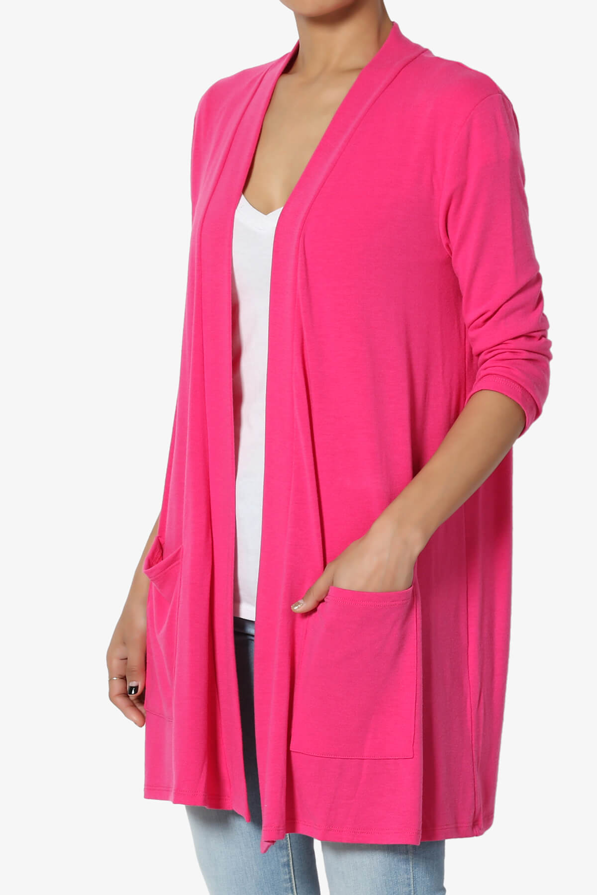 Daday Slouchy Pocket 3/4 Sleeve Cardigan HOT PINK_3