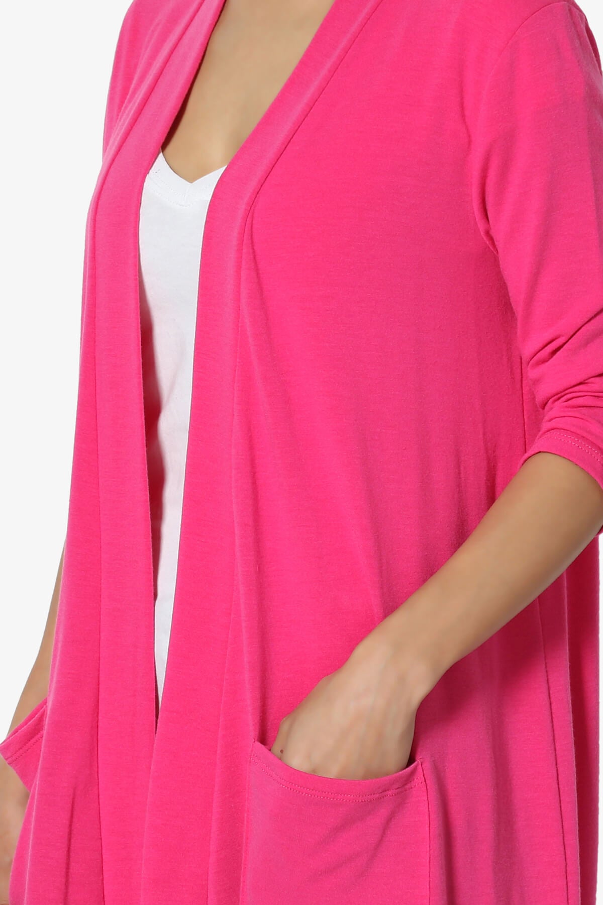 Daday Slouchy Pocket 3/4 Sleeve Cardigan HOT PINK_5