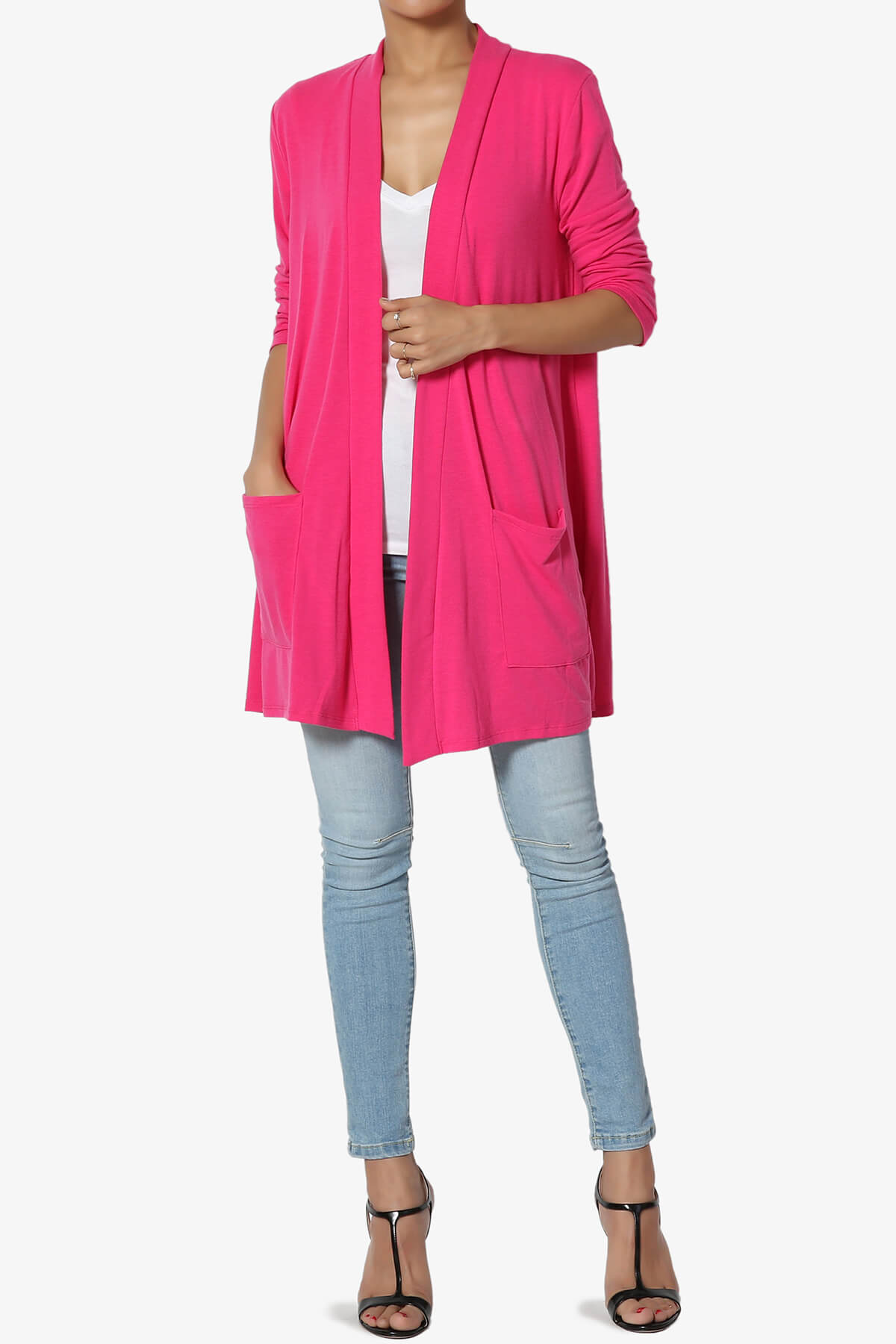Daday Slouchy Pocket 3/4 Sleeve Cardigan HOT PINK_6