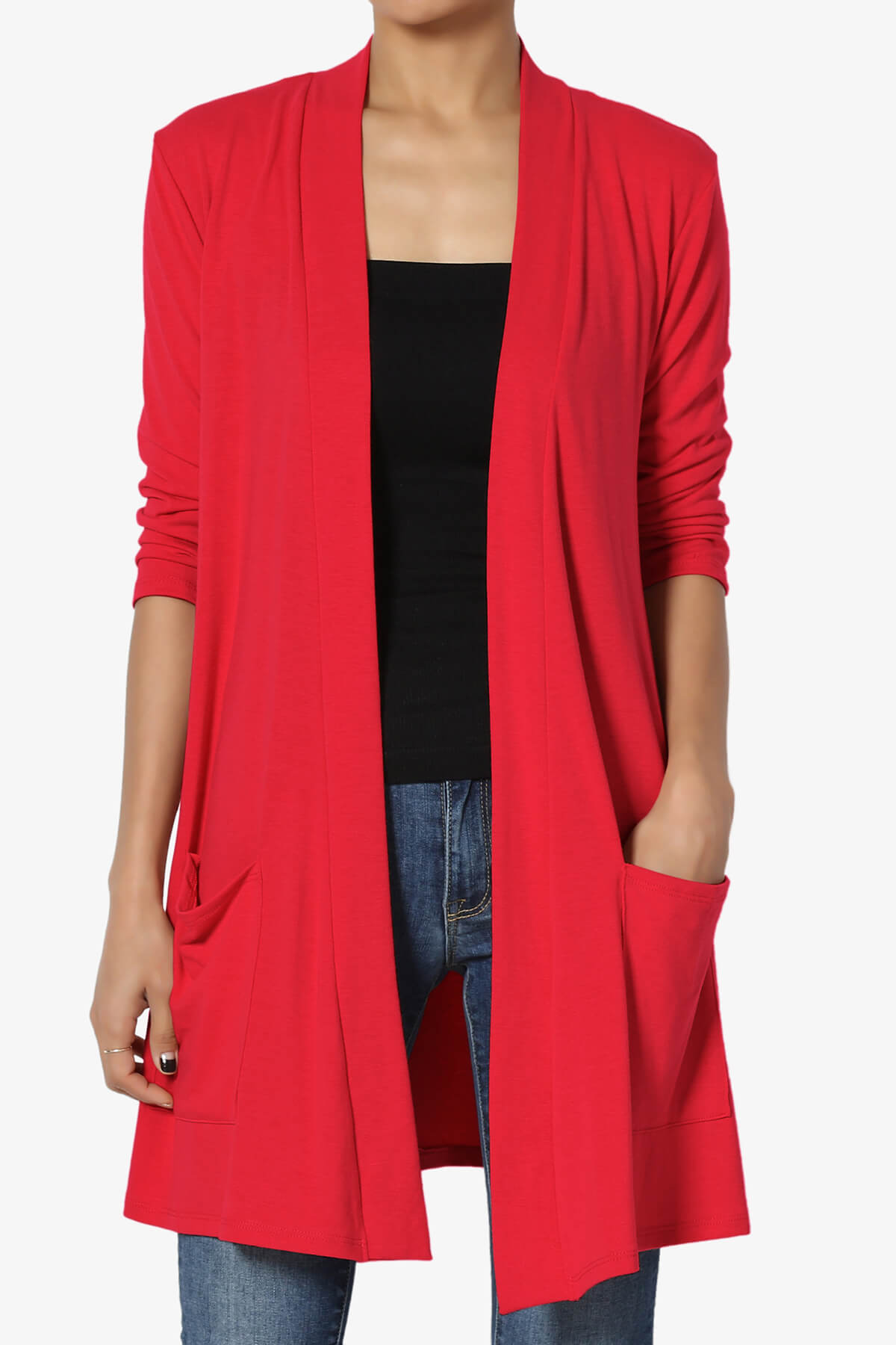 Daday Slouchy Pocket 3/4 Sleeve Cardigan RED_1