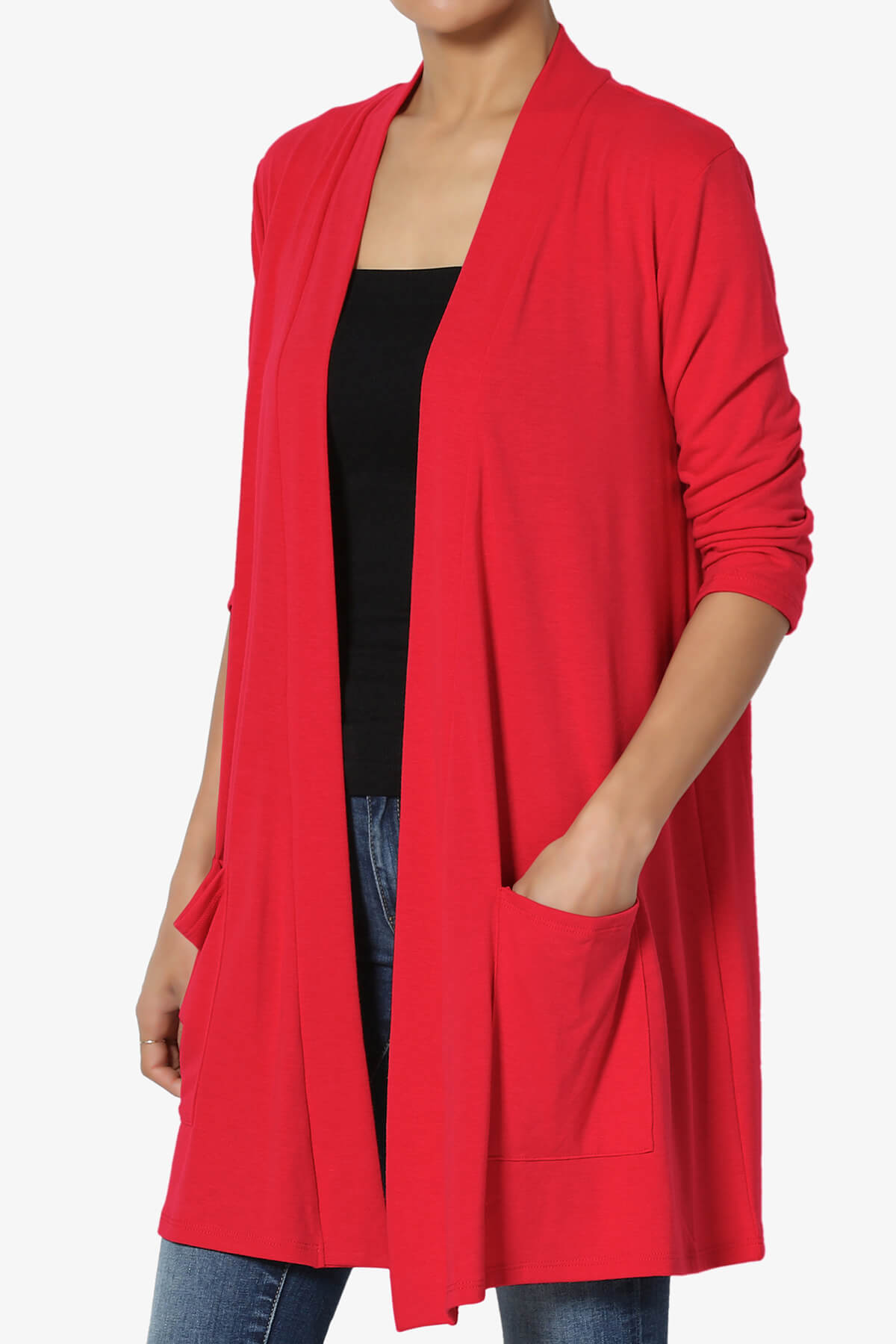 Daday Slouchy Pocket 3/4 Sleeve Cardigan RED_3