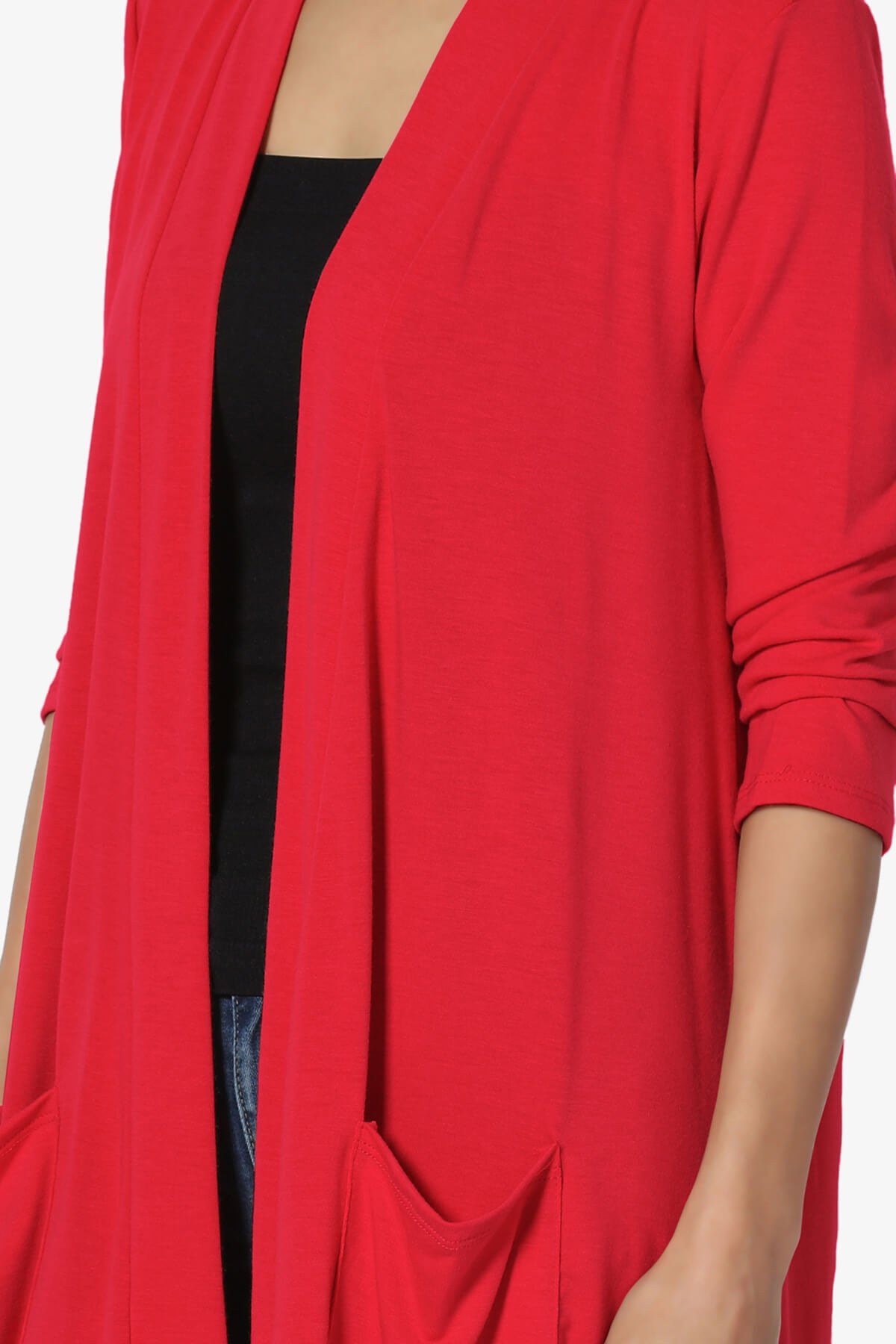 Daday Slouchy Pocket 3/4 Sleeve Cardigan RED_5