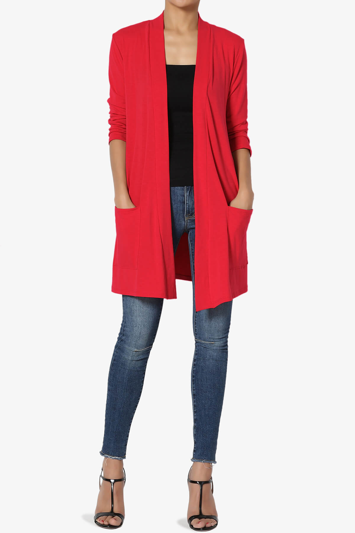 Daday Slouchy Pocket 3/4 Sleeve Cardigan RED_6