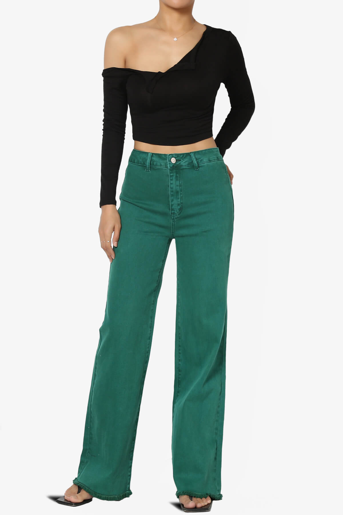 Davie Acid Wash Cutoff Hem Wide Leg Pants DARK GREEN_6