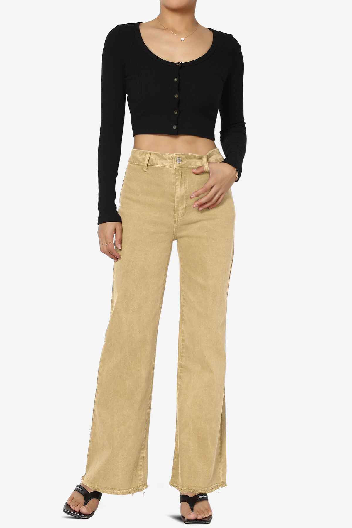 Davie Acid Wash Cutoff Hem Wide Leg Pants MUSTARD_6