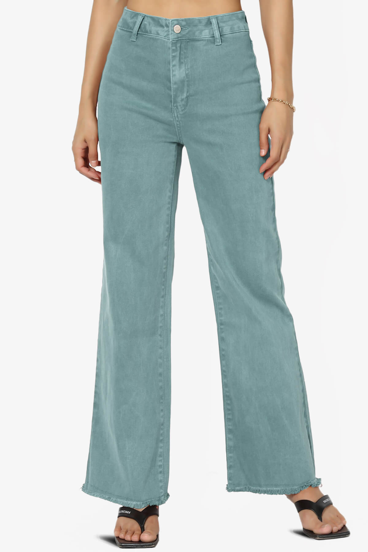 Davie Acid Wash Cutoff Hem Wide Leg Pants TEAL_1