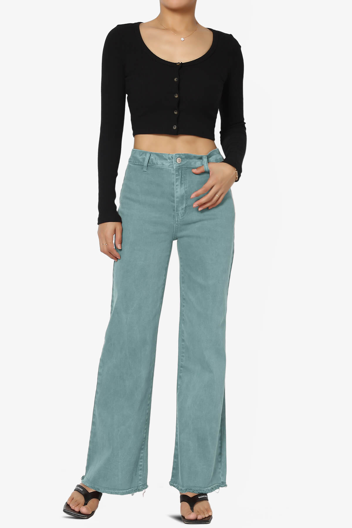 Davie Acid Wash Cutoff Hem Wide Leg Pants TEAL_6
