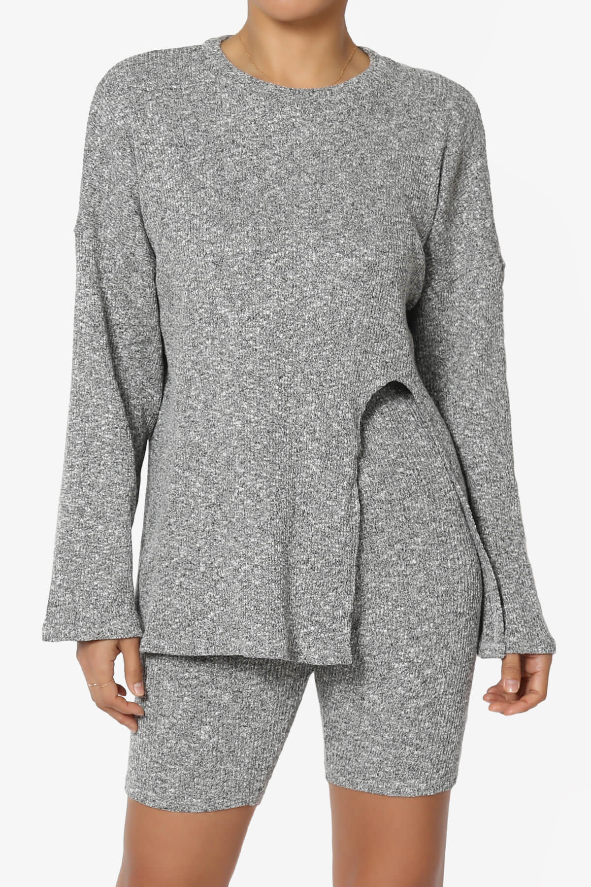 Denver Slit Knit Top w Biker Shorts SET HEATHER GREY_1