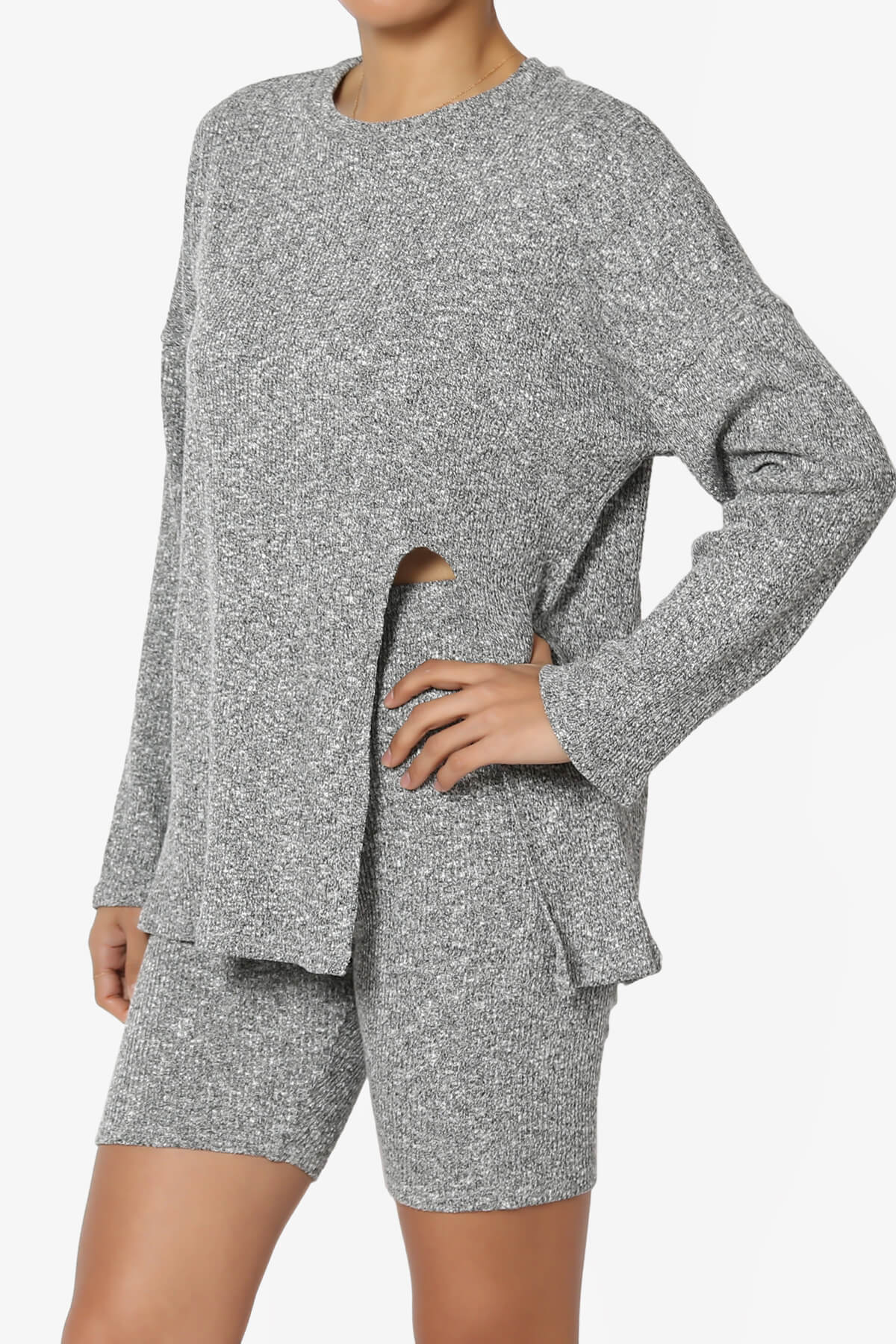 Denver Slit Knit Top w Biker Shorts SET HEATHER GREY_3
