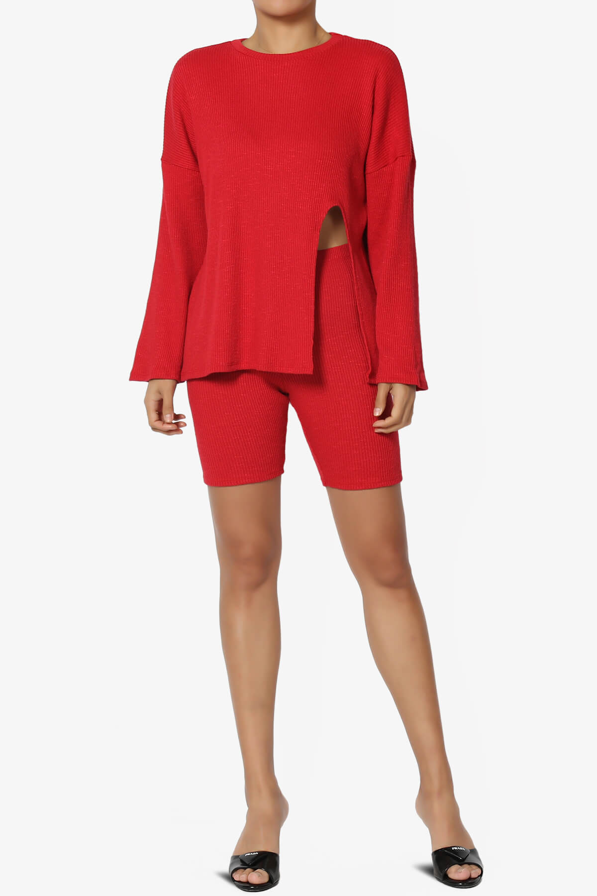 Denver Slit Knit Top w Biker Shorts SET RED_6