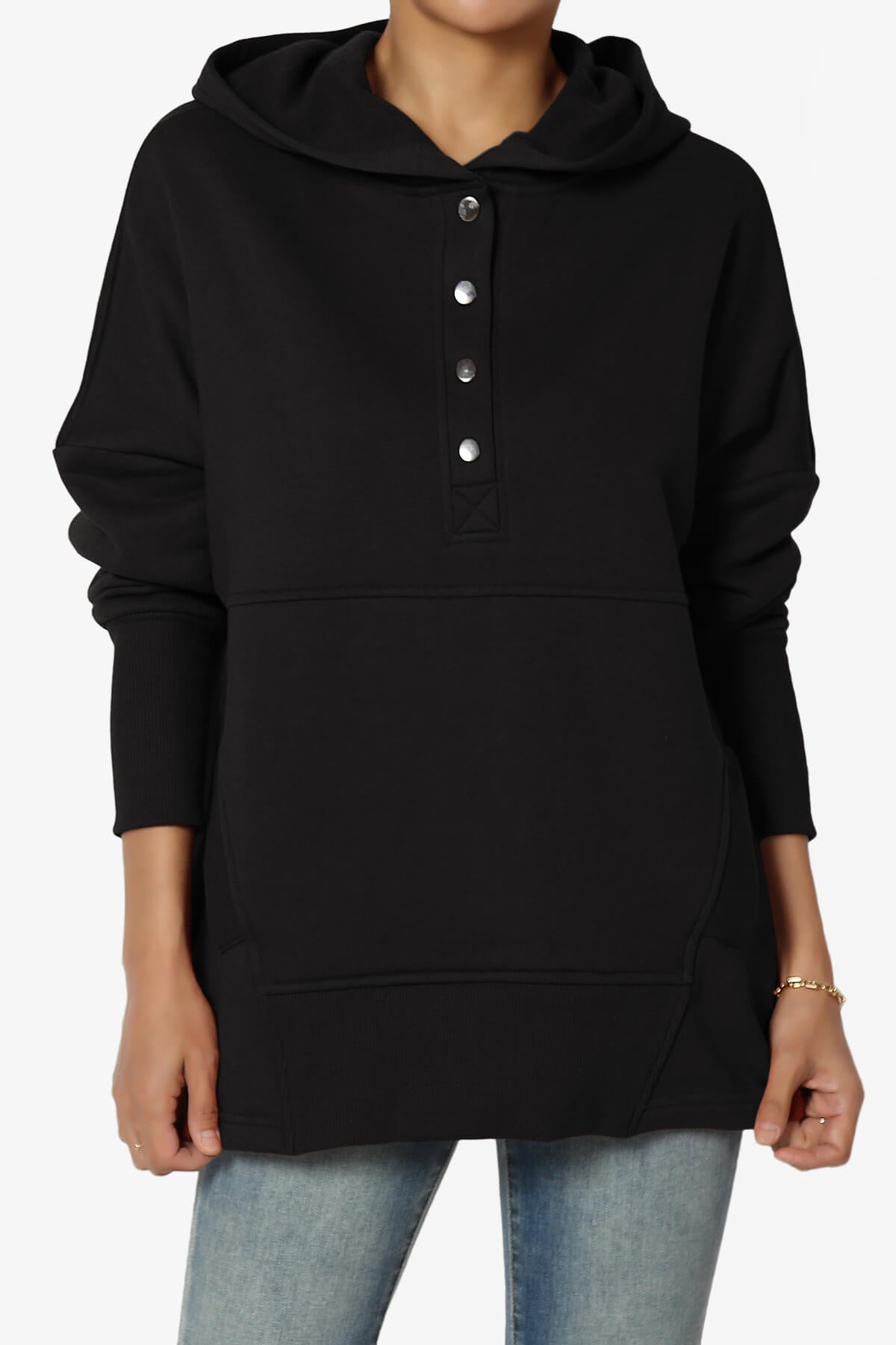 Destene Button V-Neck Hoodie BLACK_1