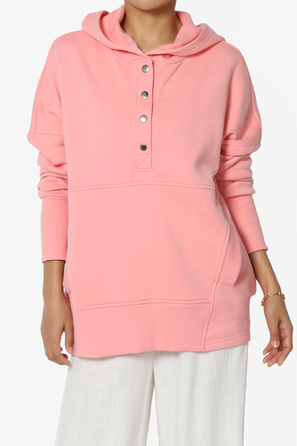 Destene Button V-Neck Hoodie DARK PINK_1