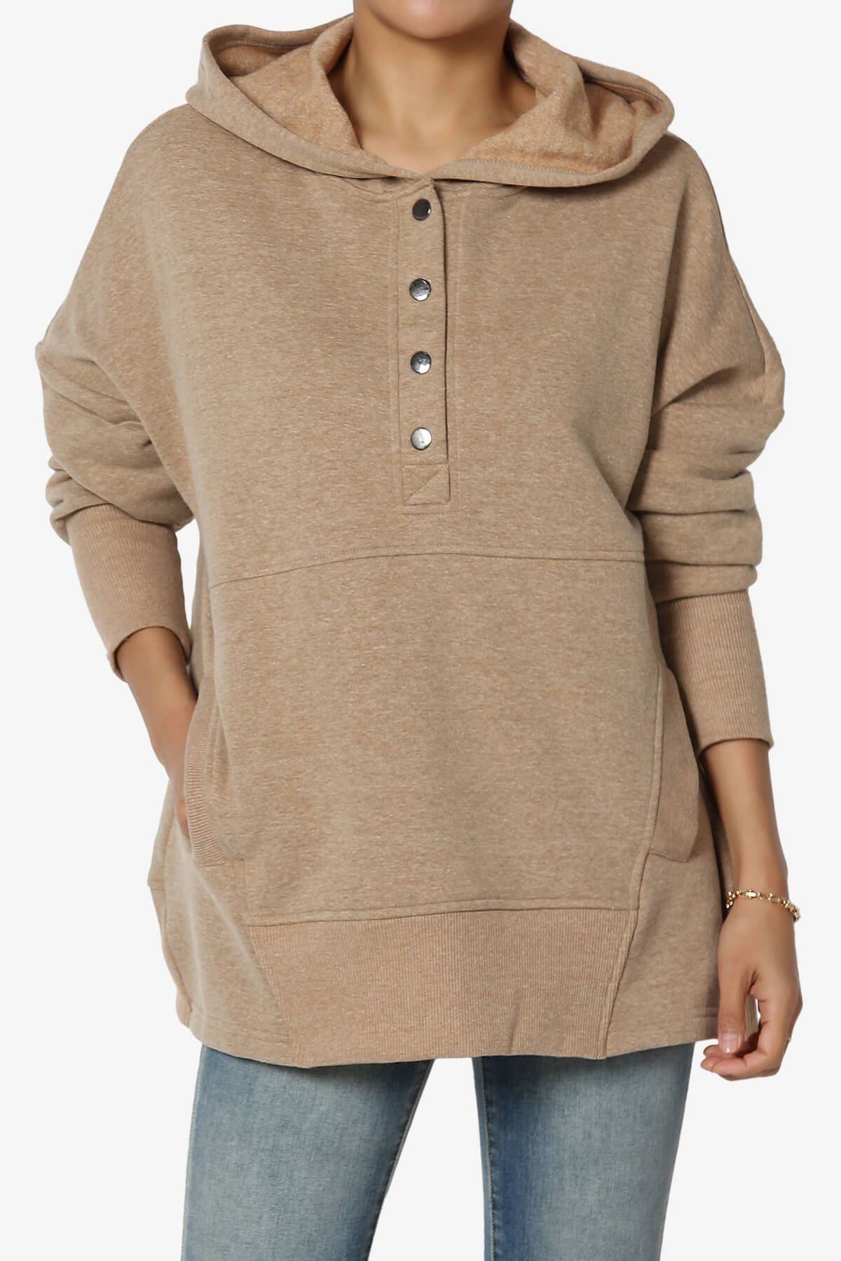 Destene Button V-Neck Hoodie DEEP CAMEL_1