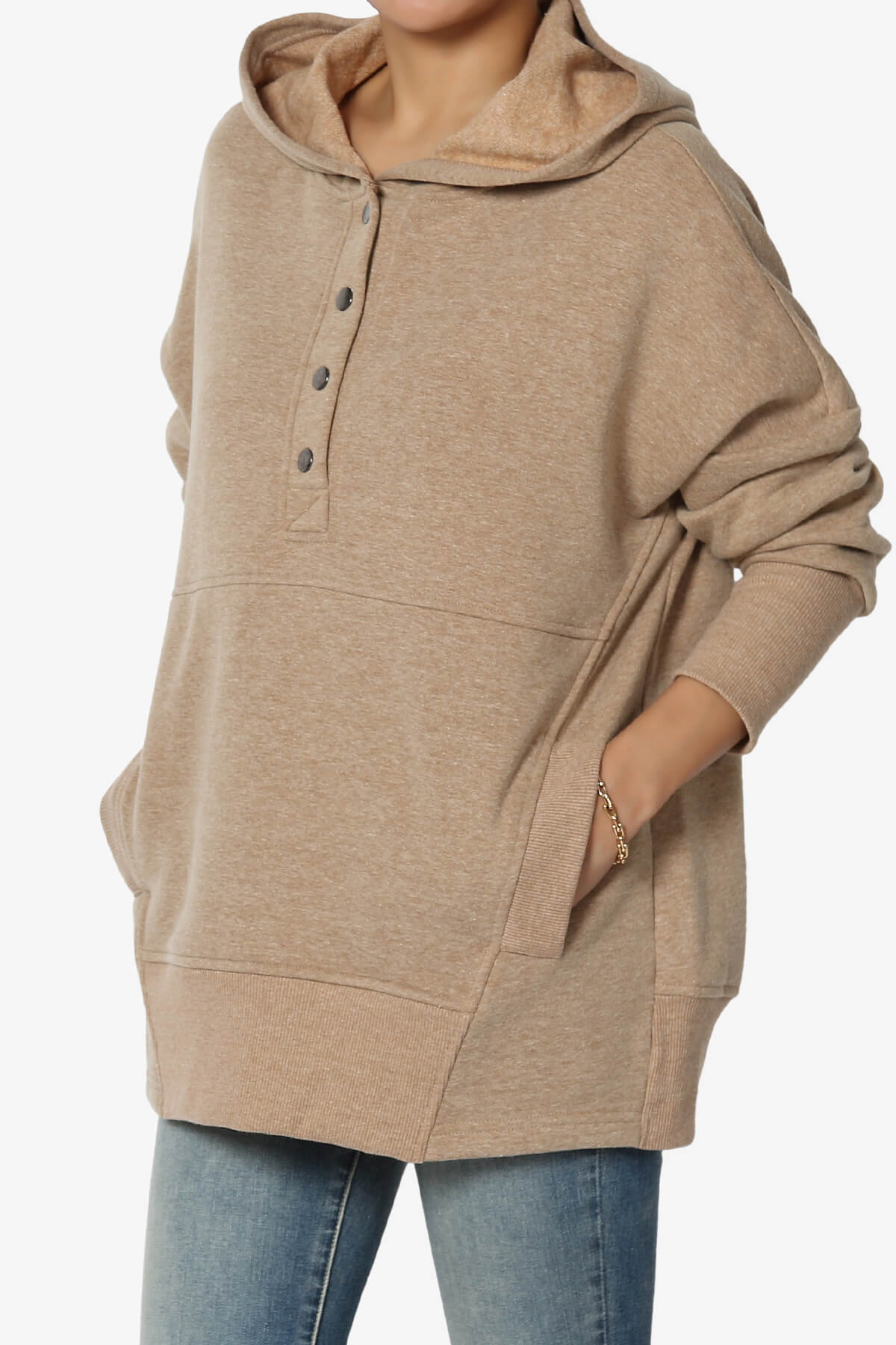 Destene Button V-Neck Hoodie DEEP CAMEL_3
