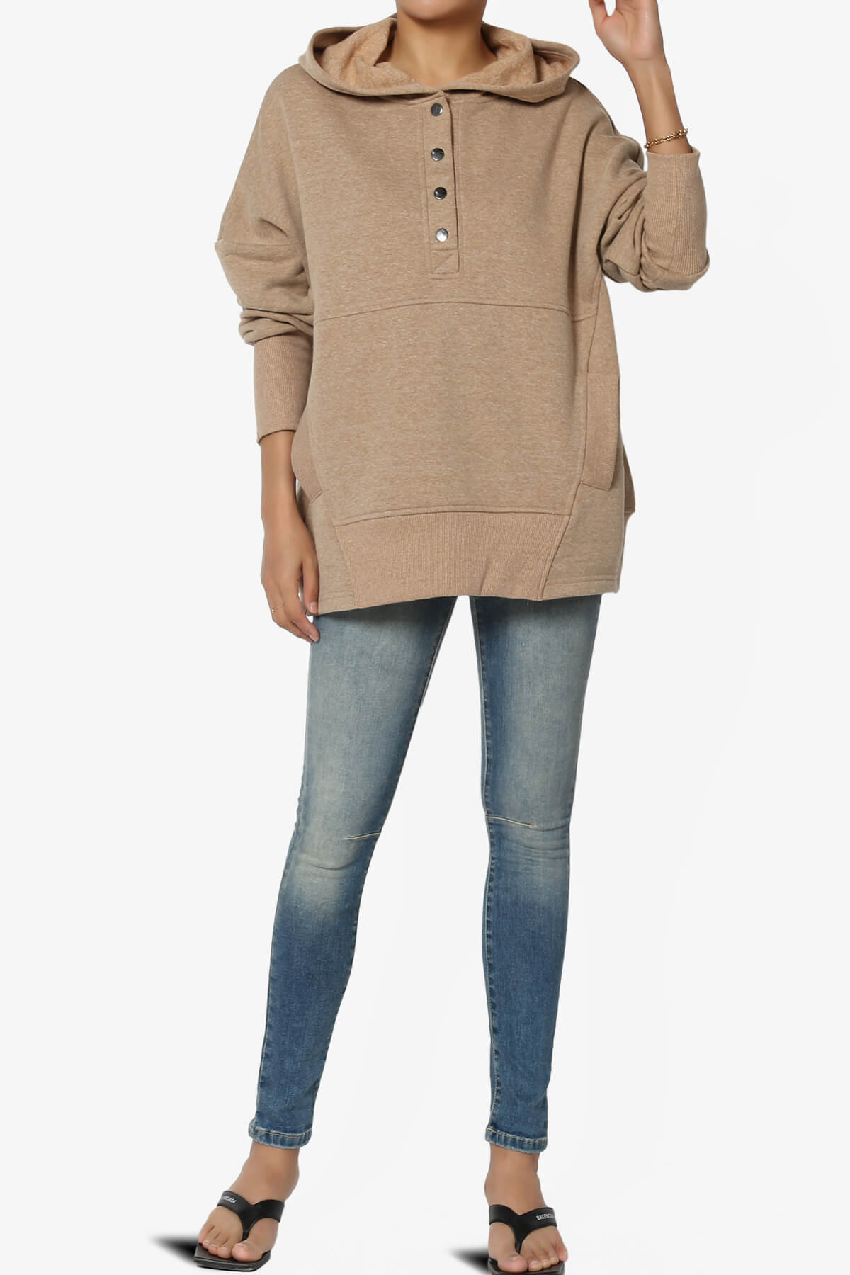 Destene Button V-Neck Hoodie DEEP CAMEL_6