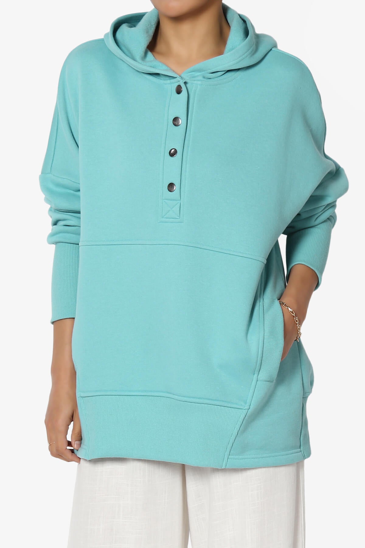 Destene Button V-Neck Hoodie DUSTY TEAL_1